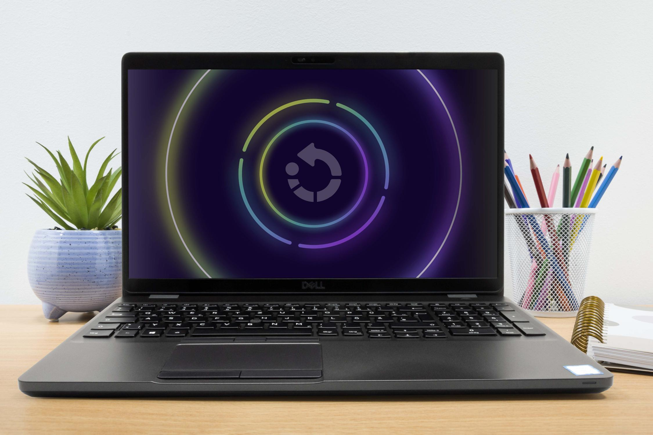 Ein Dell-Laptop auf einem Schreibtisch mit einer Topfpflanze und Stiften.