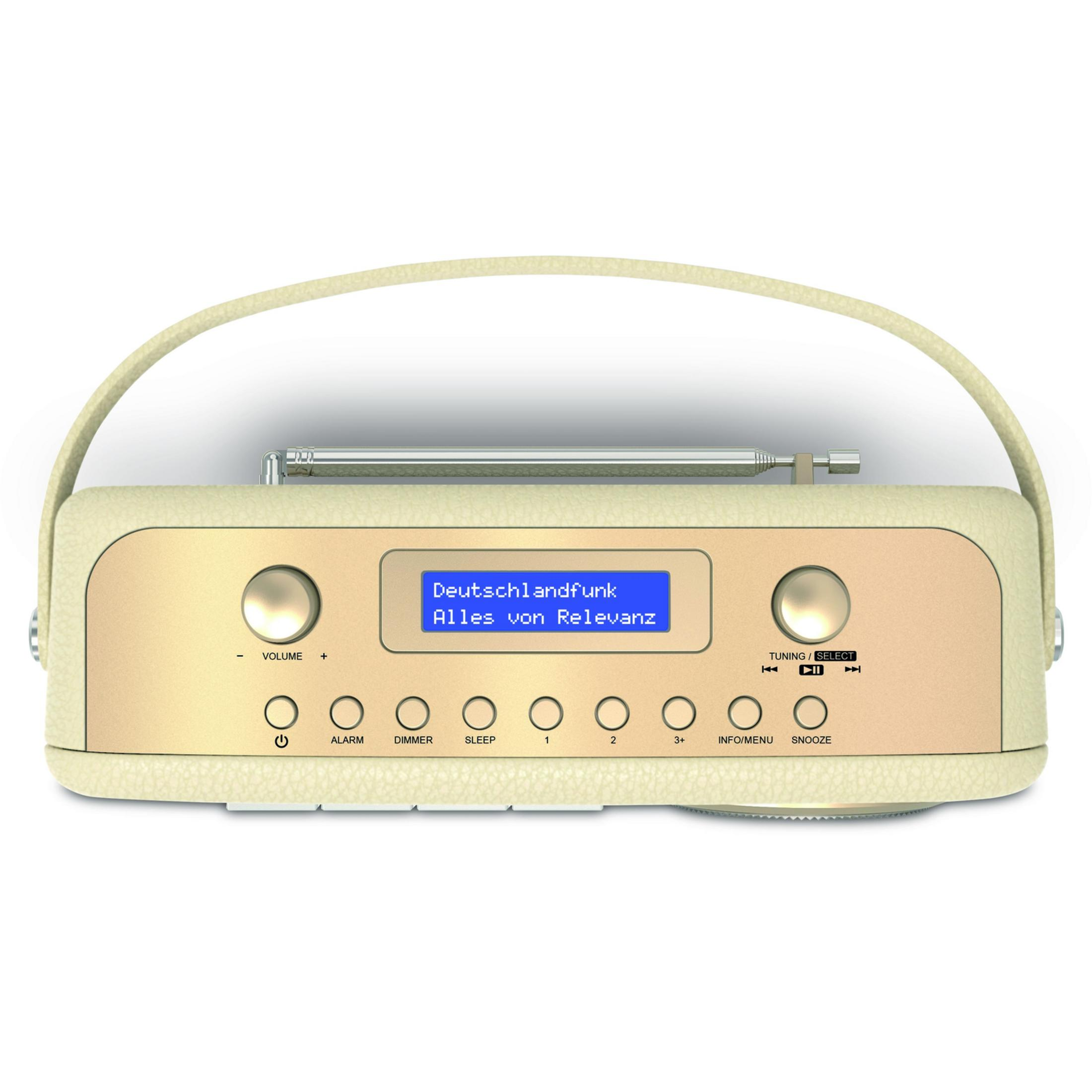 Une radio rétro beige avec une antenne argentée et un écran bleu.