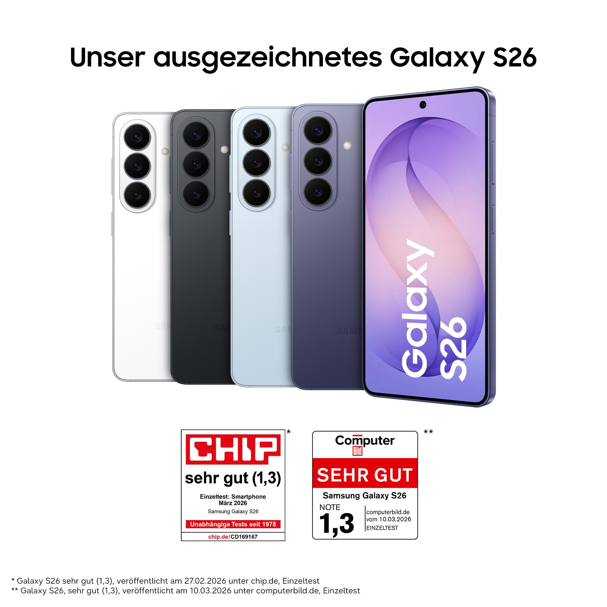 Vier Samsung Galaxy S26 Smartphones in verschiedenen Farben, mit Logos.