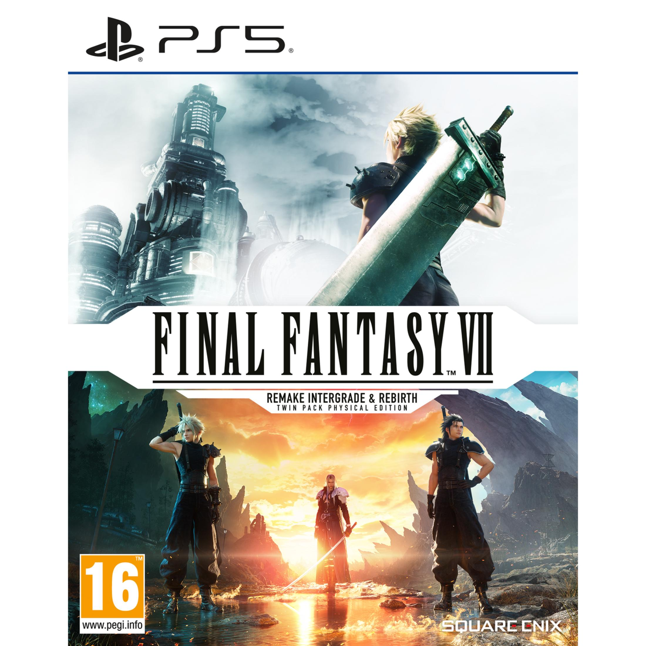 Okładka Final Fantasy VII z Cloudem, Zackiem i Sephirothem przed miastem i krajobrazem.