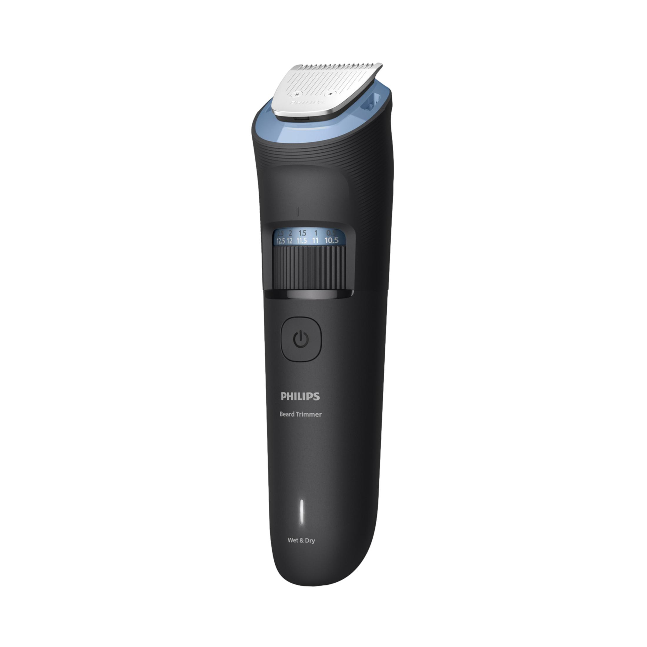Ein schwarzer Philips Barttrimmer mit blauem Akzent und Einstellrad.