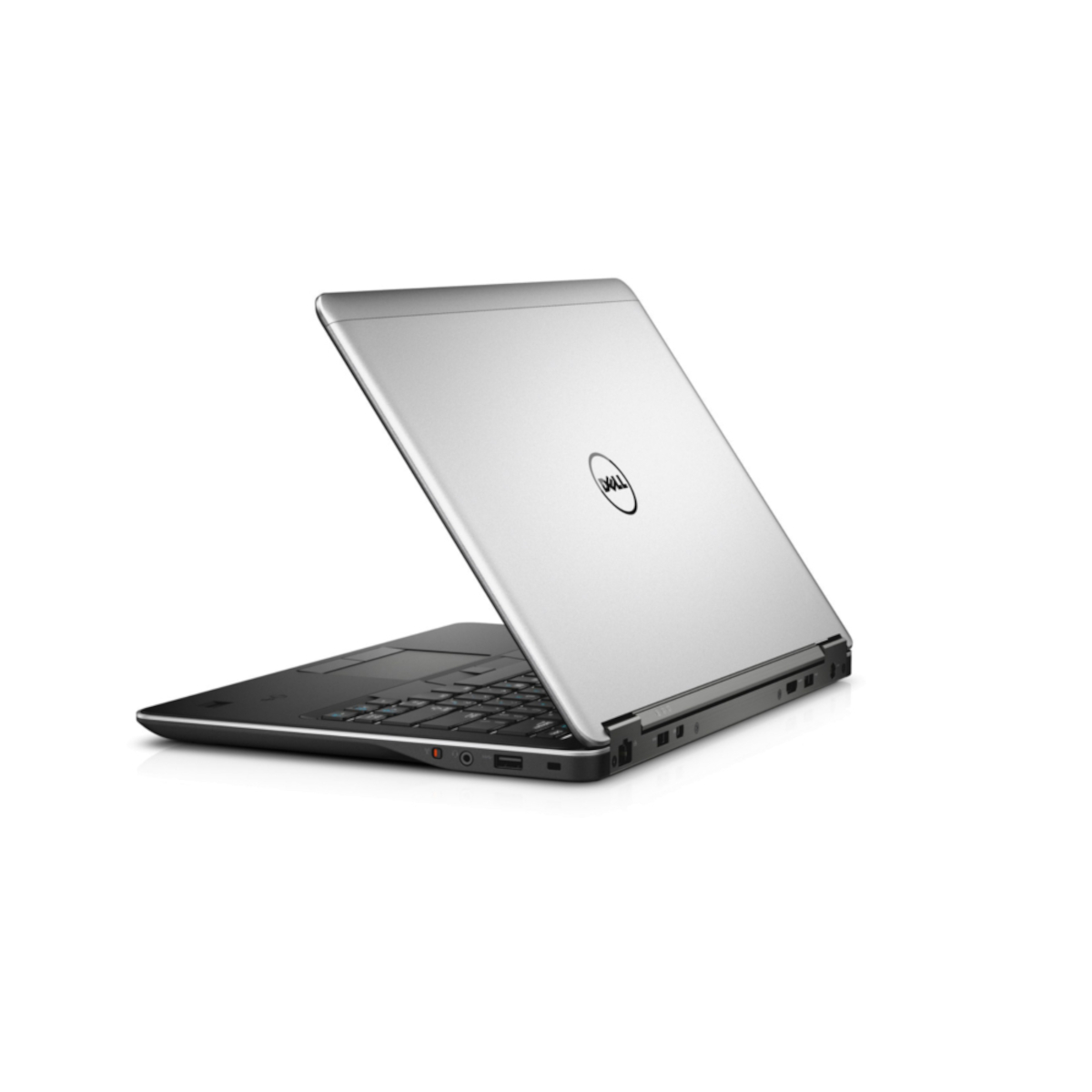 Silberner Dell Laptop mit geöffnetem Deckel, Tastatur sichtbar.