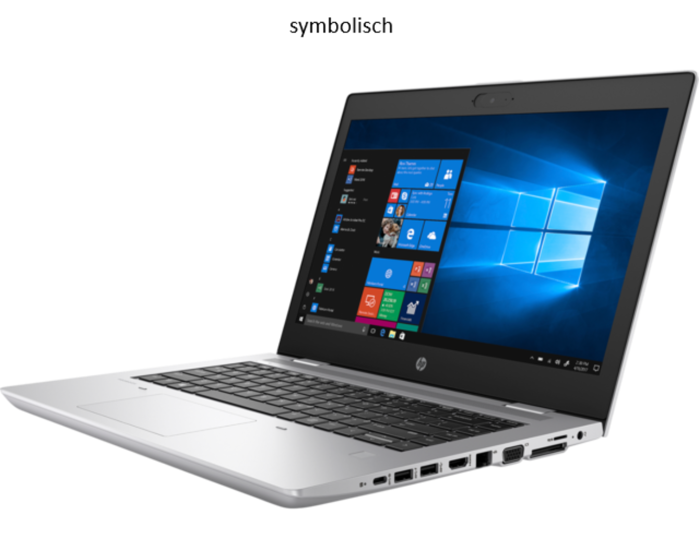 Ein silberner Laptop mit geöffnetem Bildschirm, der Windows 10 zeigt.