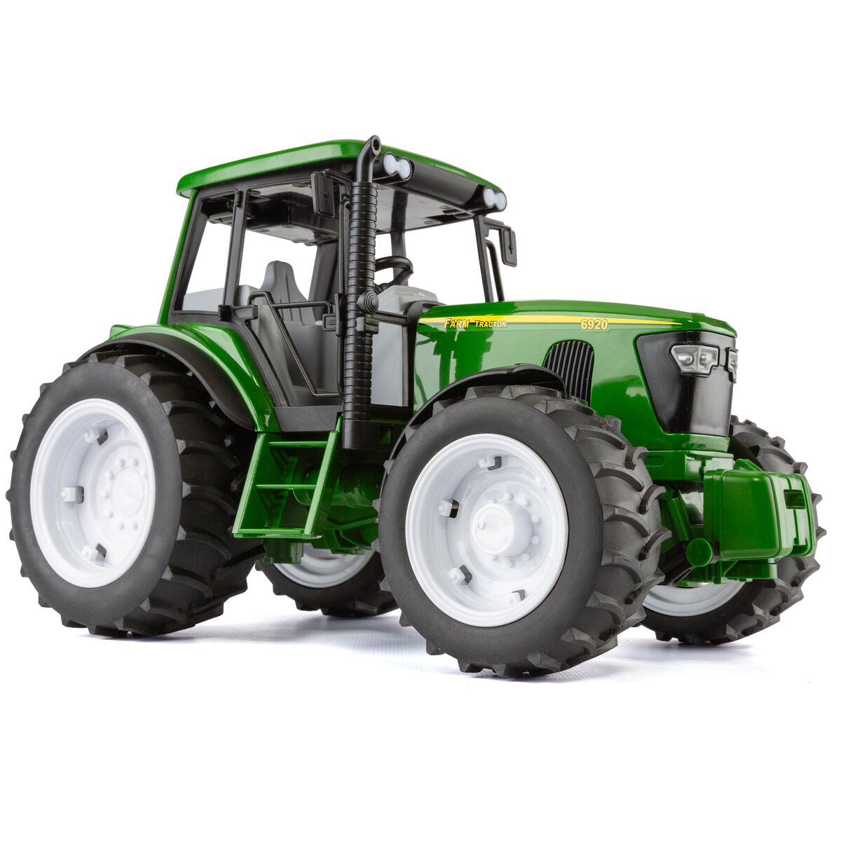 Un tractor verde con neumáticos grandes y una cabina. Modelo detallado.