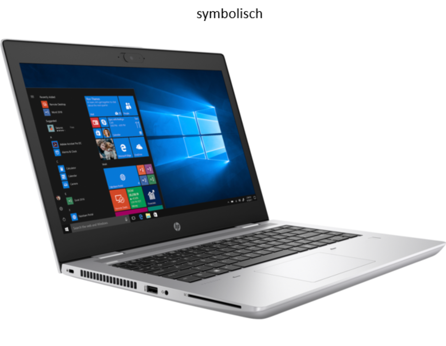 Ein silberner HP Laptop mit schwarzer Tastatur und Windows 10 Bildschirm.
