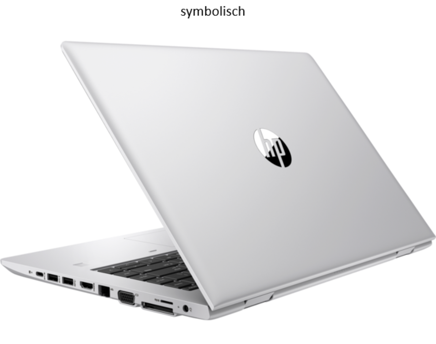 Ein silberner HP Laptop, von hinten links gezeigt, mit geöffnetem Deckel und Tastatur sichtbar.