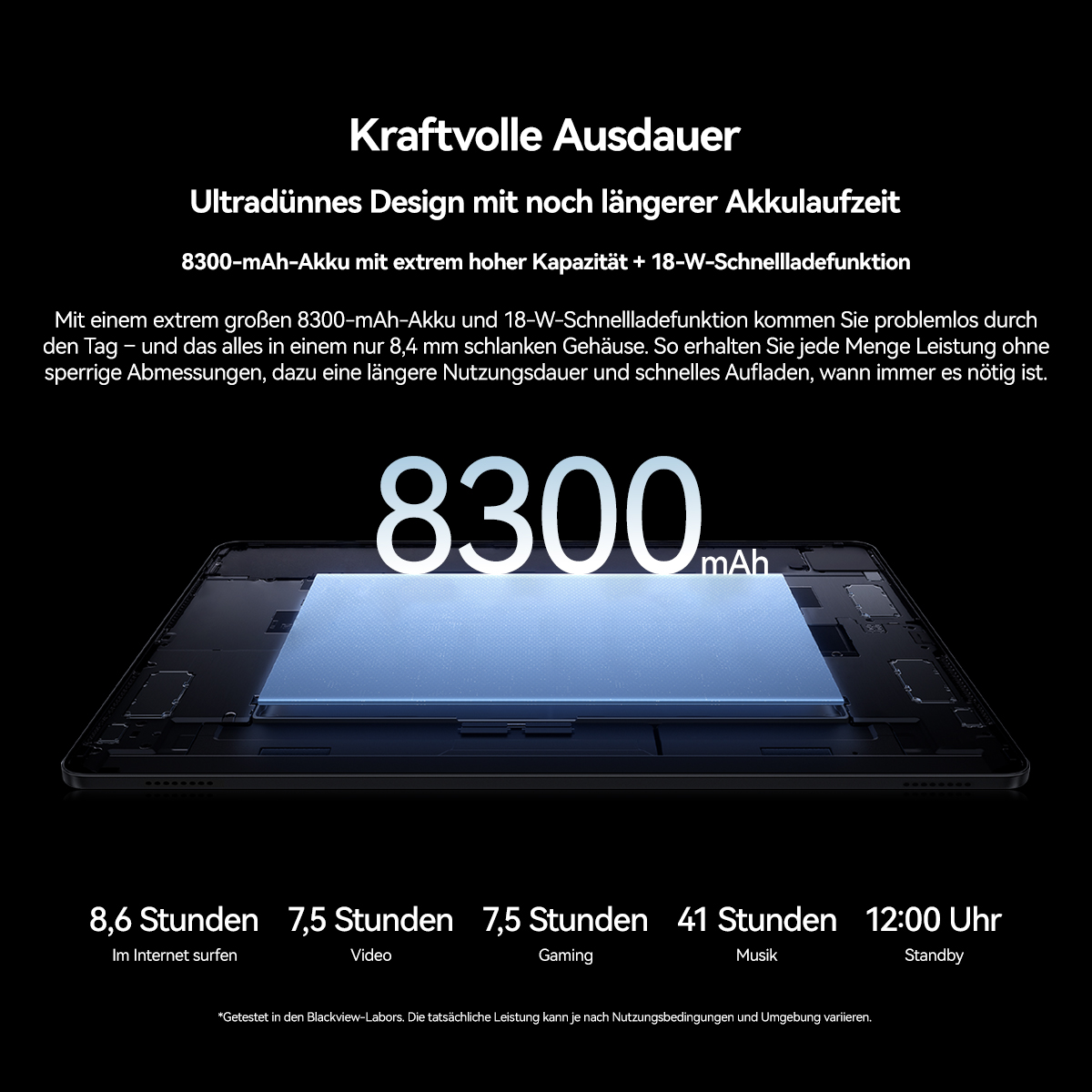 Ein Tablet mit einer großen 8300 mAh Akkukapazität wird gezeigt.