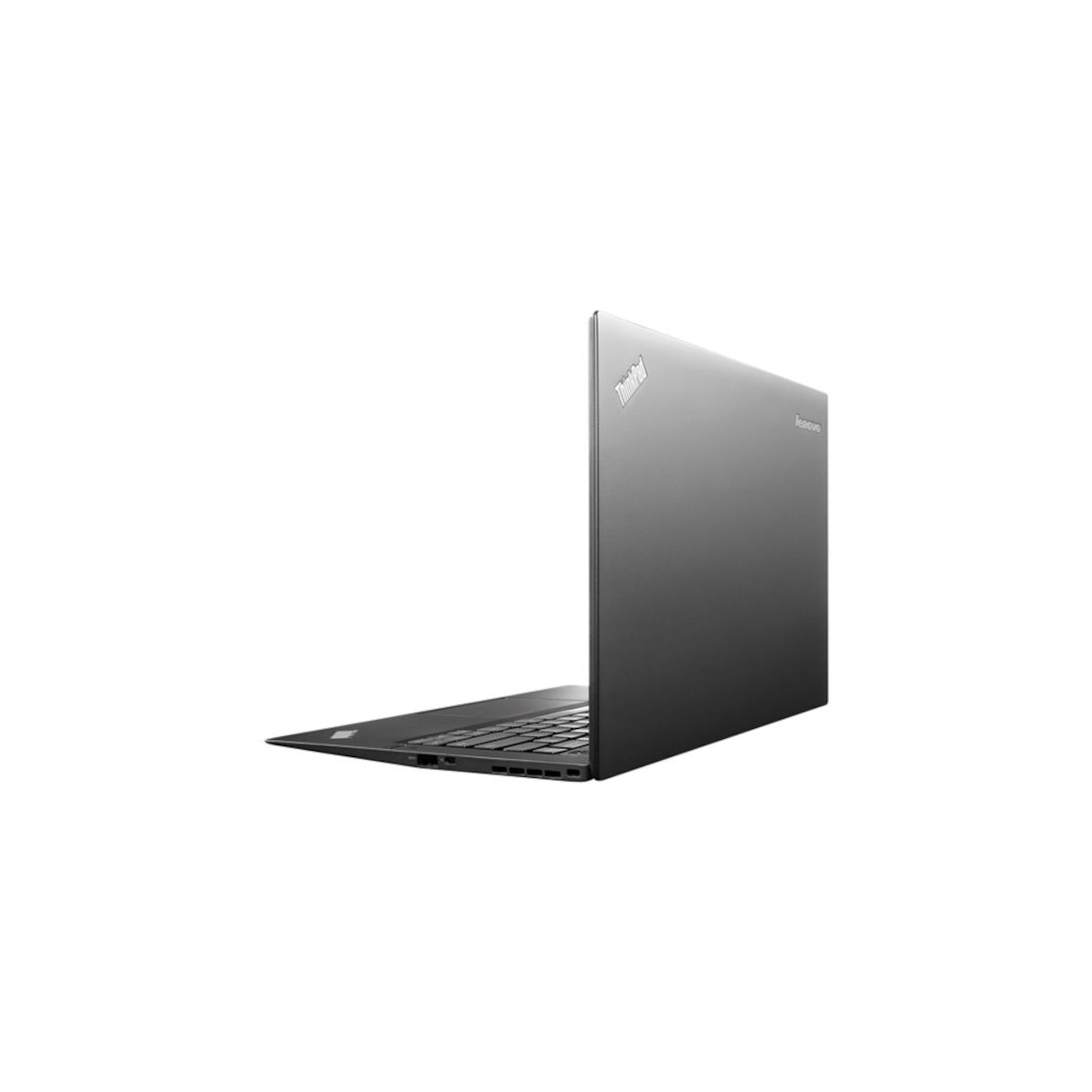 Ein graues Lenovo Thinkpad Laptop, von der Seite gesehen, mit geöffnetem Bildschirm.