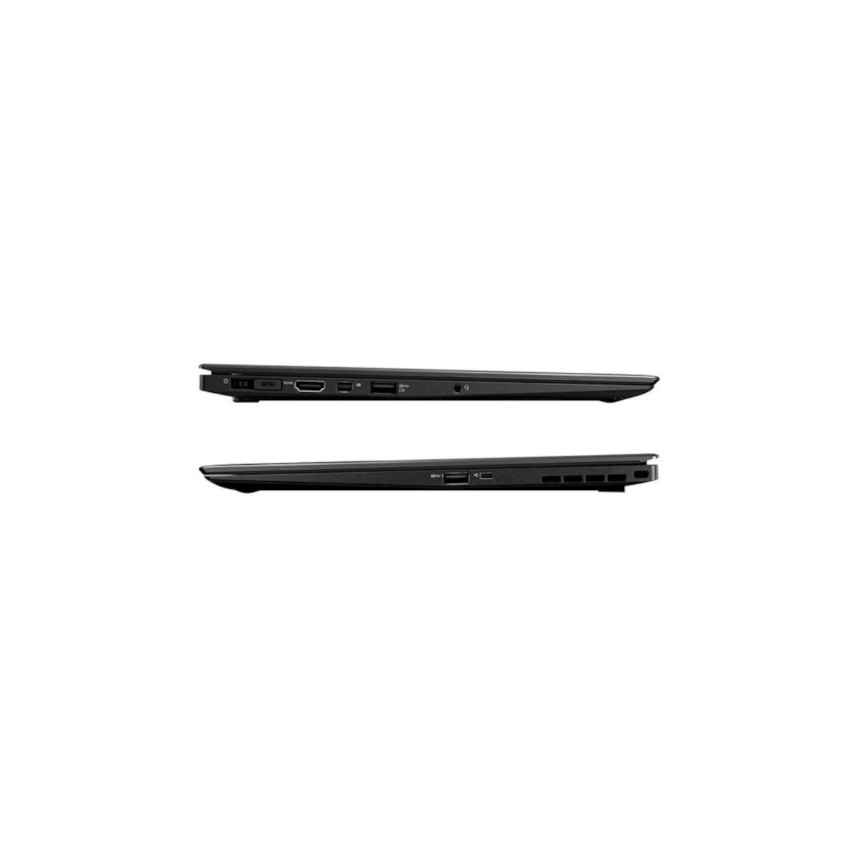 Zwei schwarze Laptops im Seitenprofil, mit Anschlussdetails.