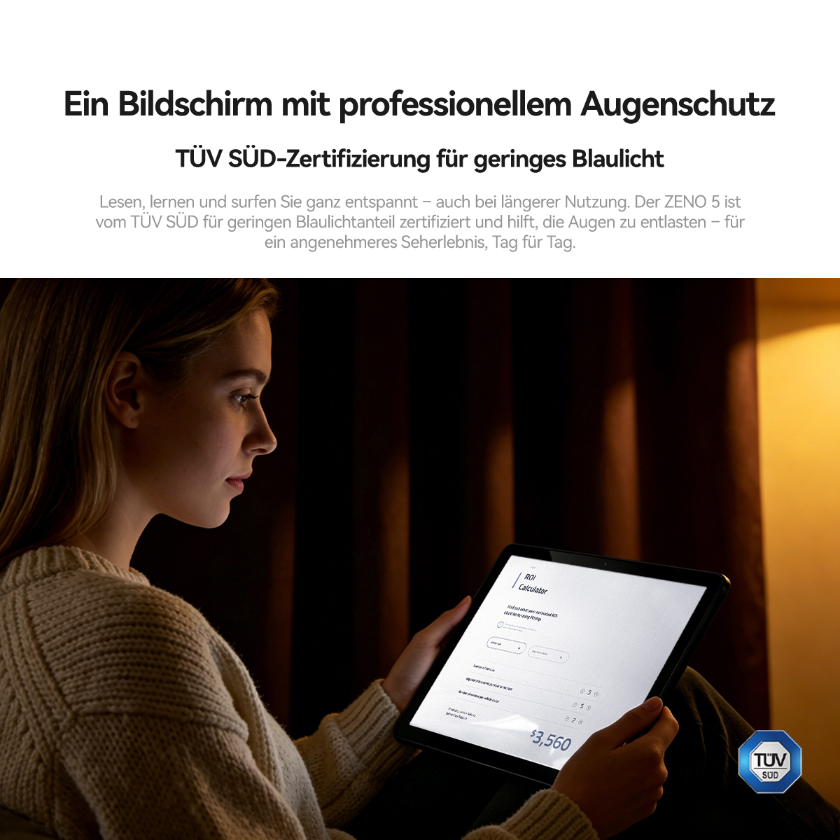 Eine Frau nutzt ein Tablet mit "ROI Calculator". TÜV SÜD Logo.