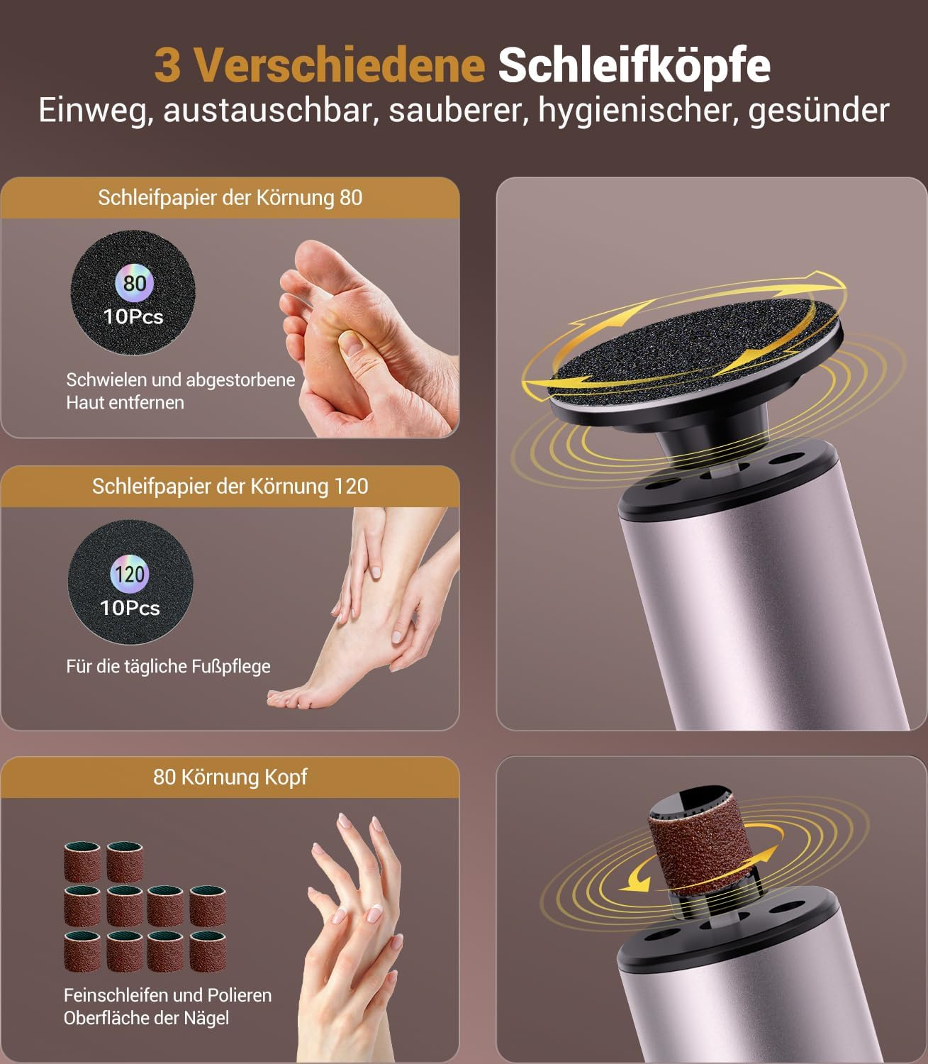 Drei Schleifköpfe: 80er Körnung für Hornhaut, 120er für Fußpflege, 80er für Nägel.