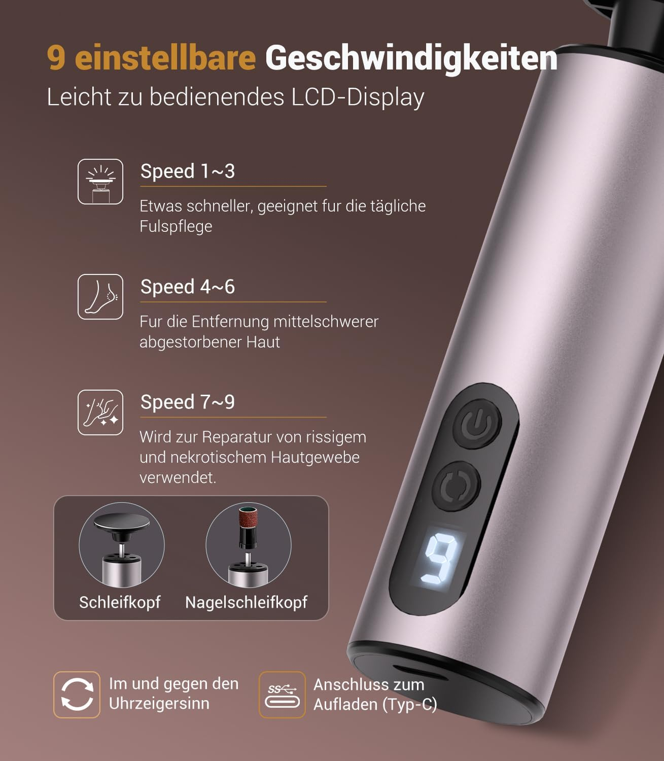 Ein elektrisches Pediküre-Gerät mit 9 Geschwindigkeiten und LCD-Display. Zeigt Schleif- und Nagelschleifaufsätze an.