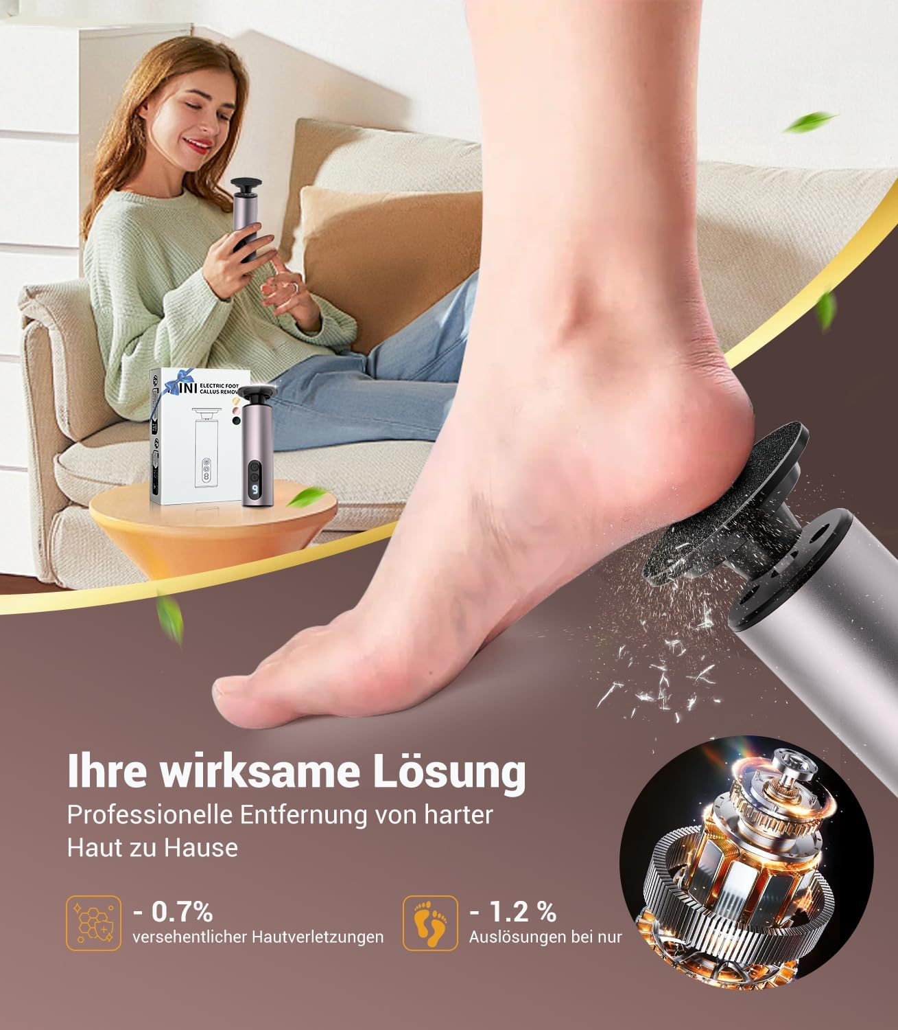Frau sitzt auf Sofa, hält elektrischen Hornhautentferner. Nahaufnahme eines Fußes mit Gerät.