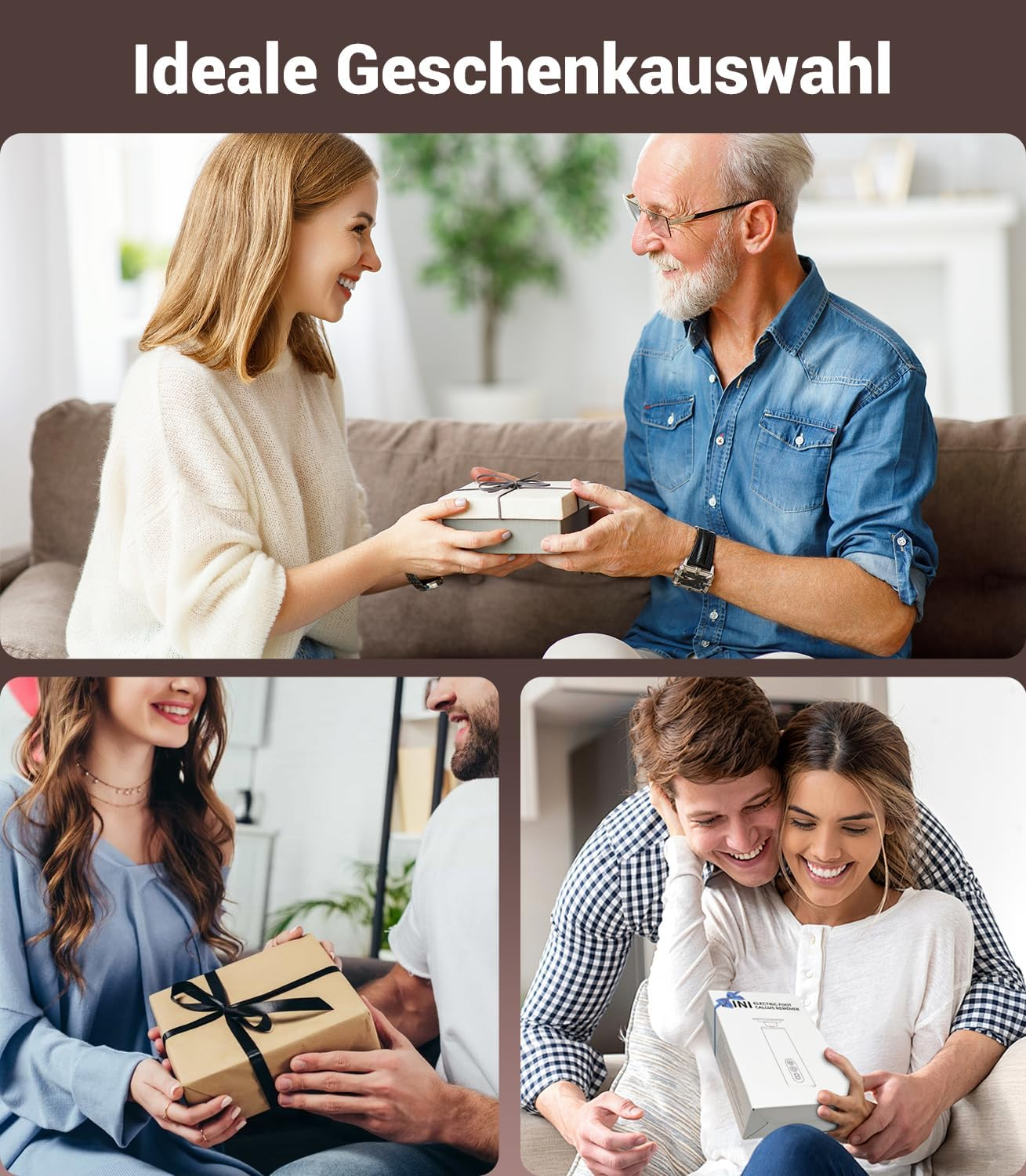 Drei Szenen von Menschen, die Geschenke austauschen.