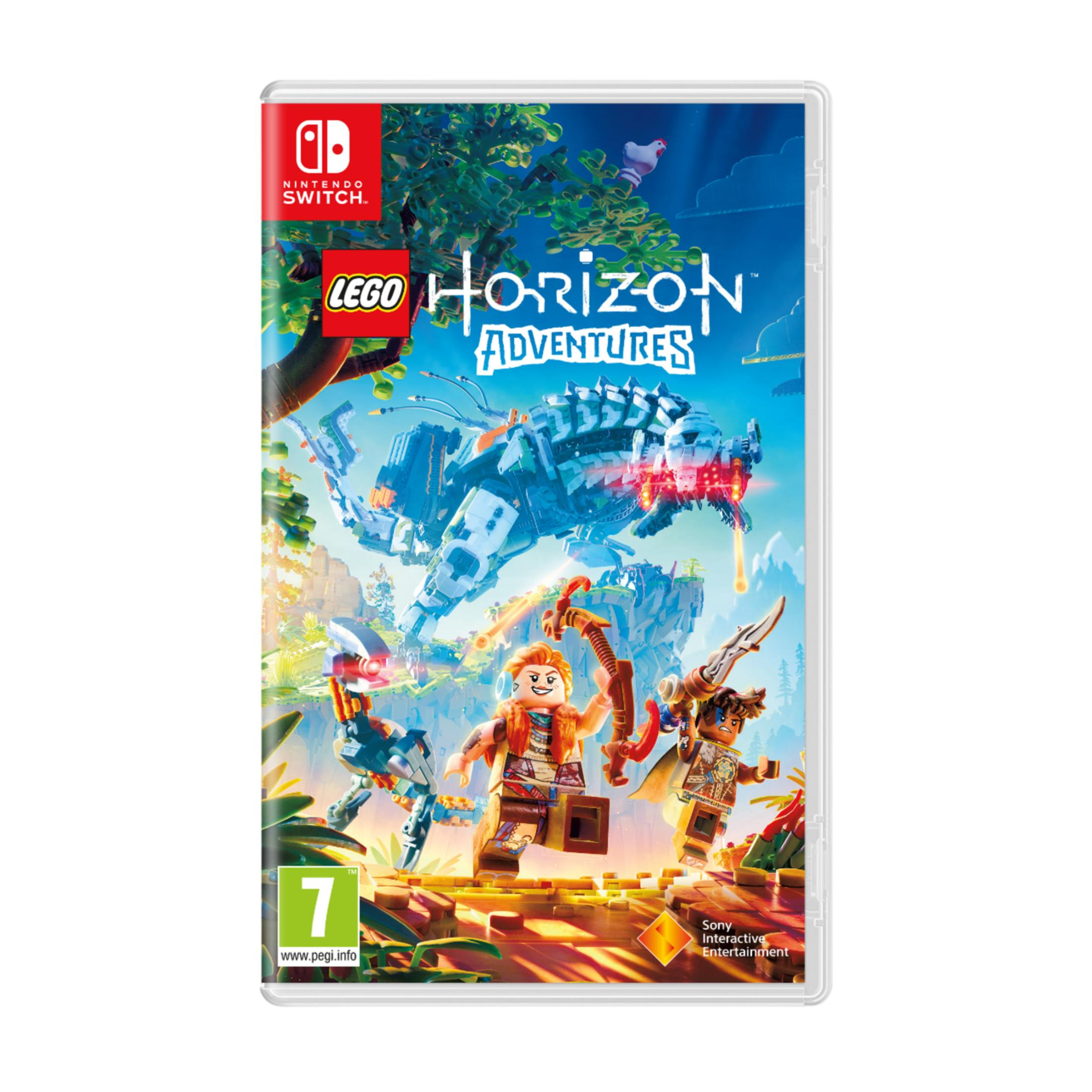 Okładka gry Lego Horizon Adventures. Trzy figurki Lego na pierwszym planie, robotyczny dinozaur w tle.