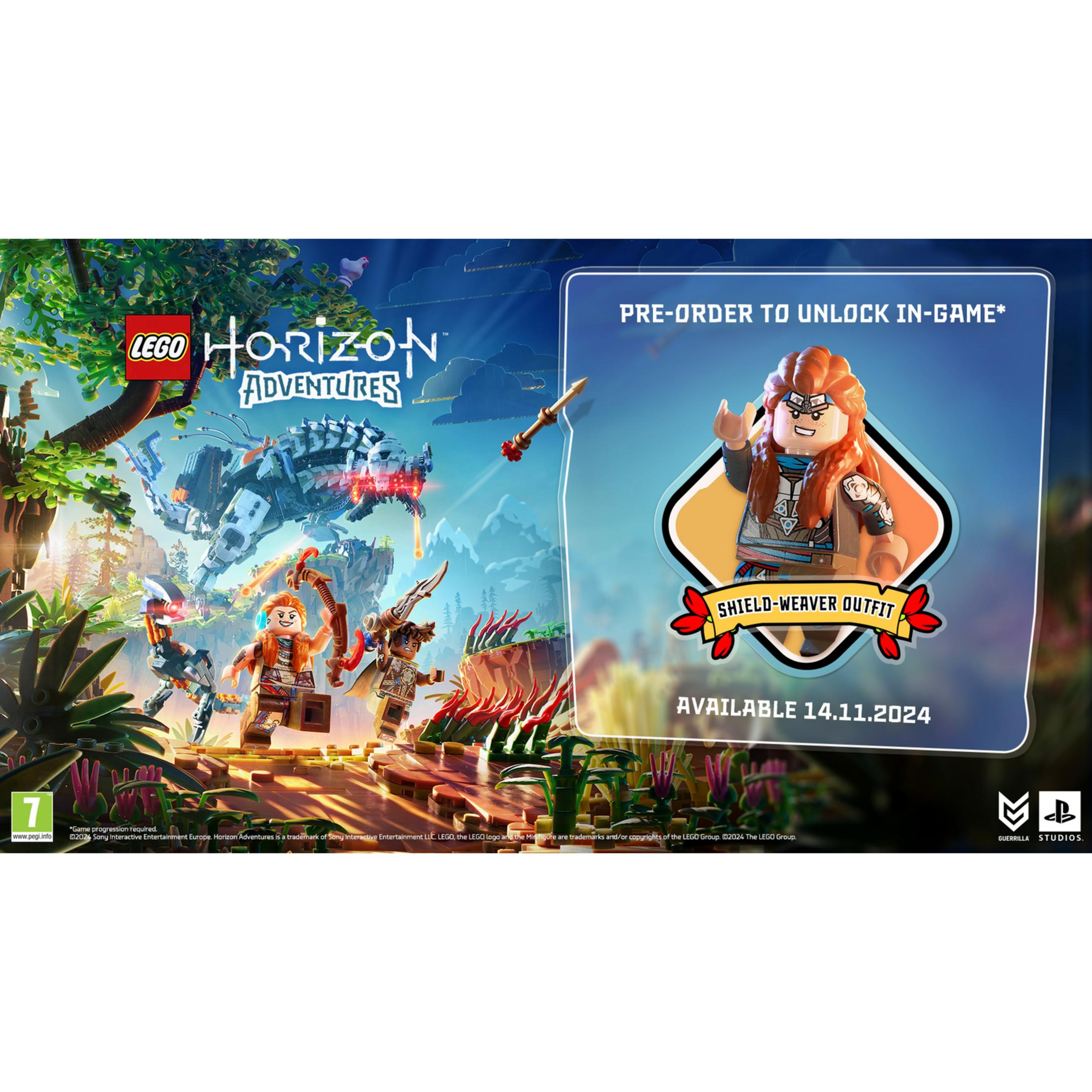 LEGO Horizon Adventures: Postacie z gry i robotyczny dinozaur w bujnej scenerii.