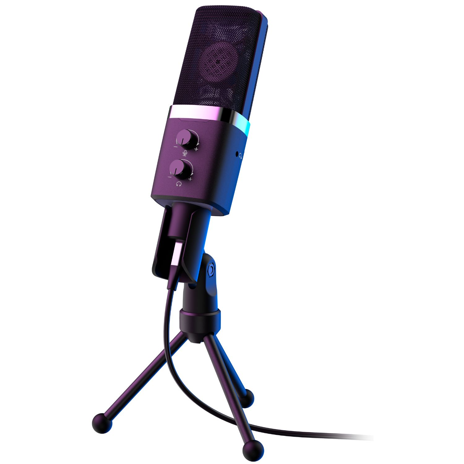 Ein schwarzes Kondensatormikrofon mit einem Stativ und blauer/violetter Beleuchtung.