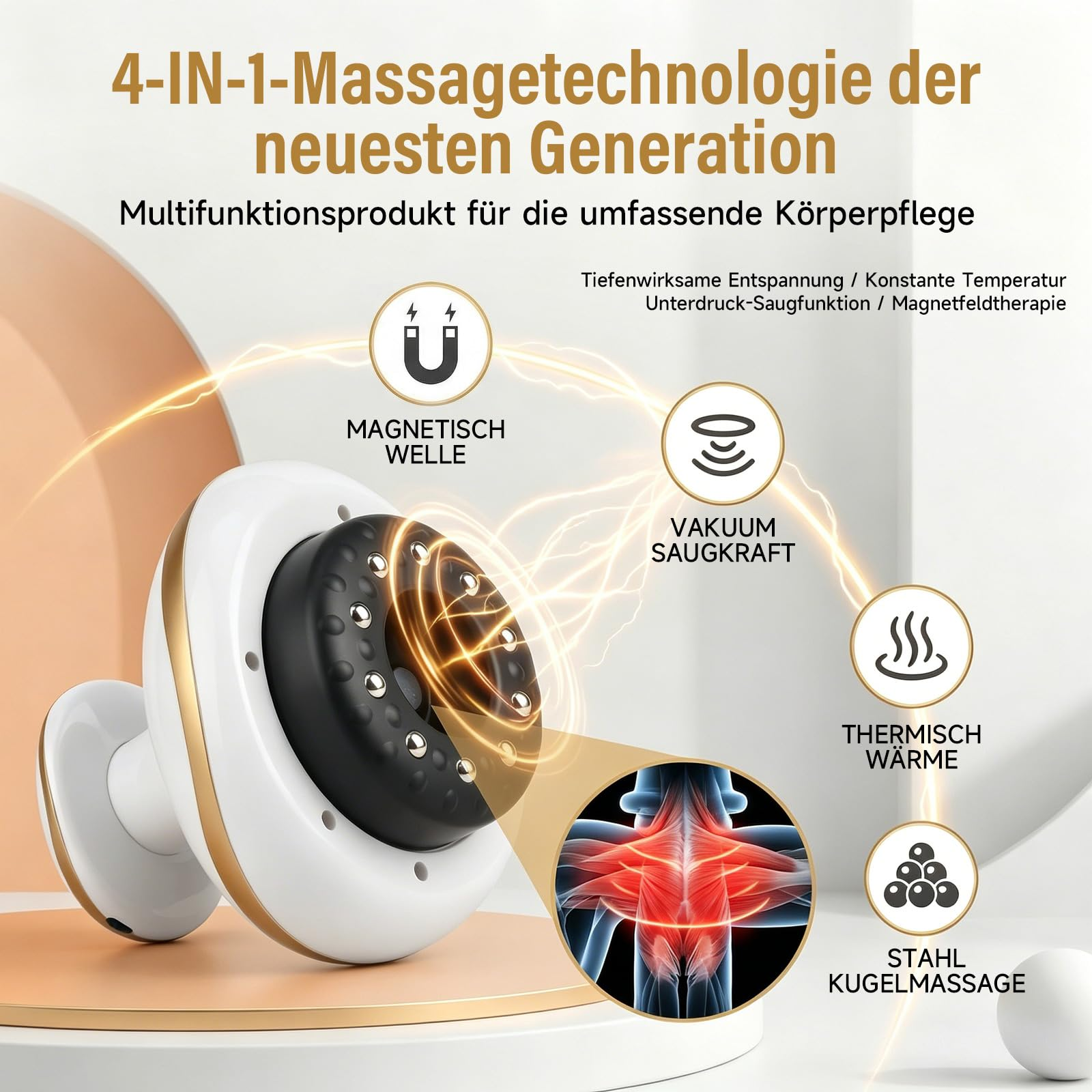 Ein 4-in-1 Massagegerät mit Magnetwelle, Vakuum, Wärme & Stahlkugelmassage.