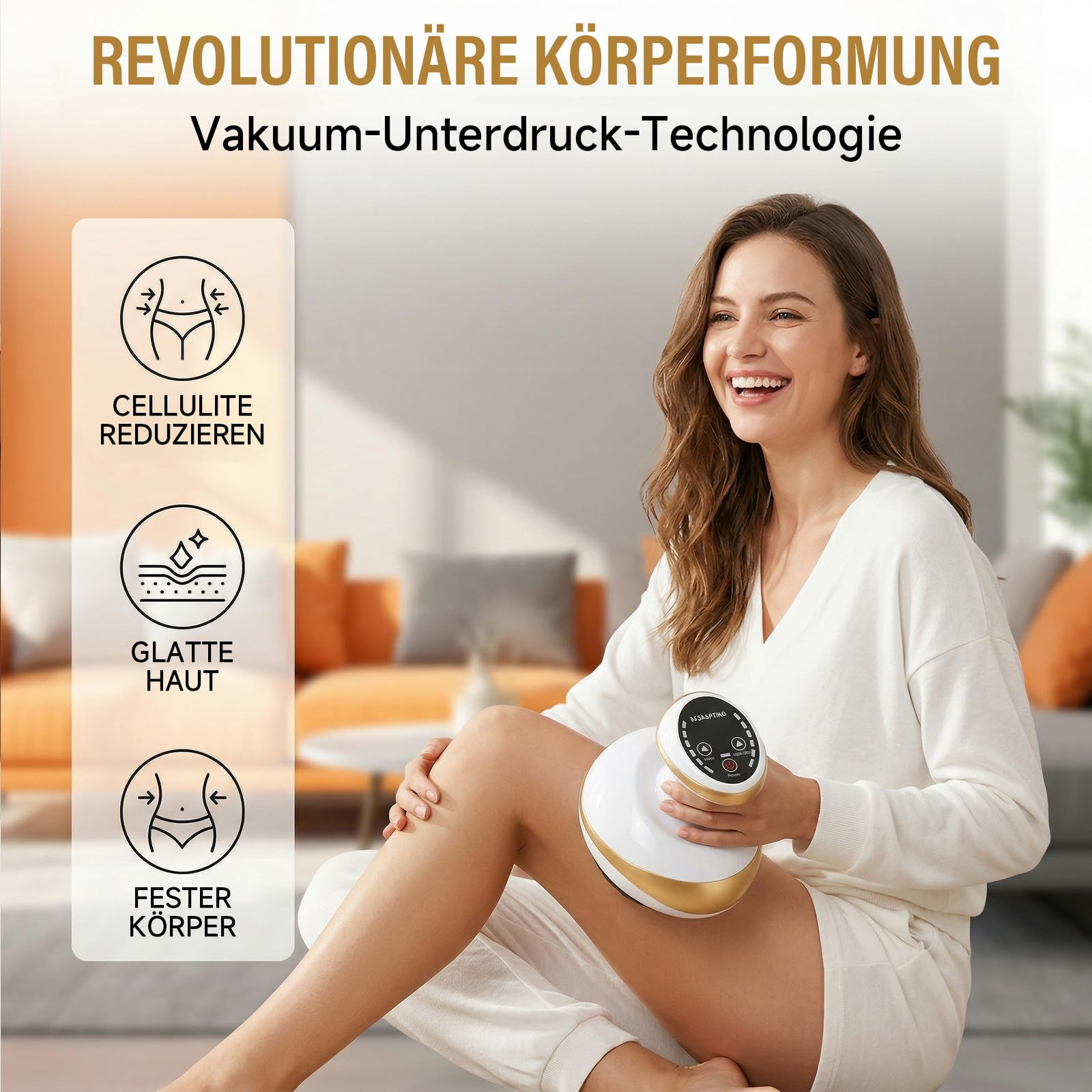 Frau mit Körperpflegegerät auf dem Schoß, lächelnd. Icons für Cellulite, glatte Haut, fester Körper.