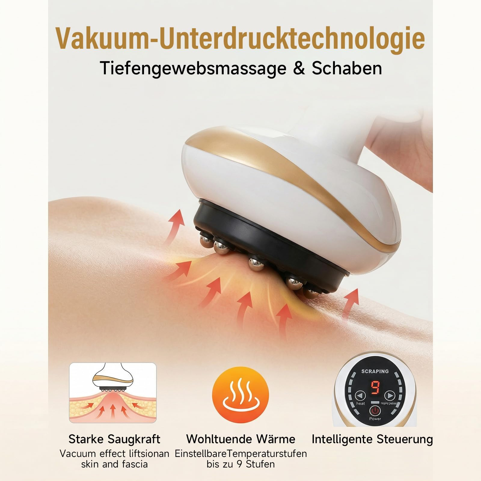 Ein Massagegerät mit Vakuum-Unterdrucktechnologie auf Haut, mit roten Pfeilen, die Wärme zeigen.