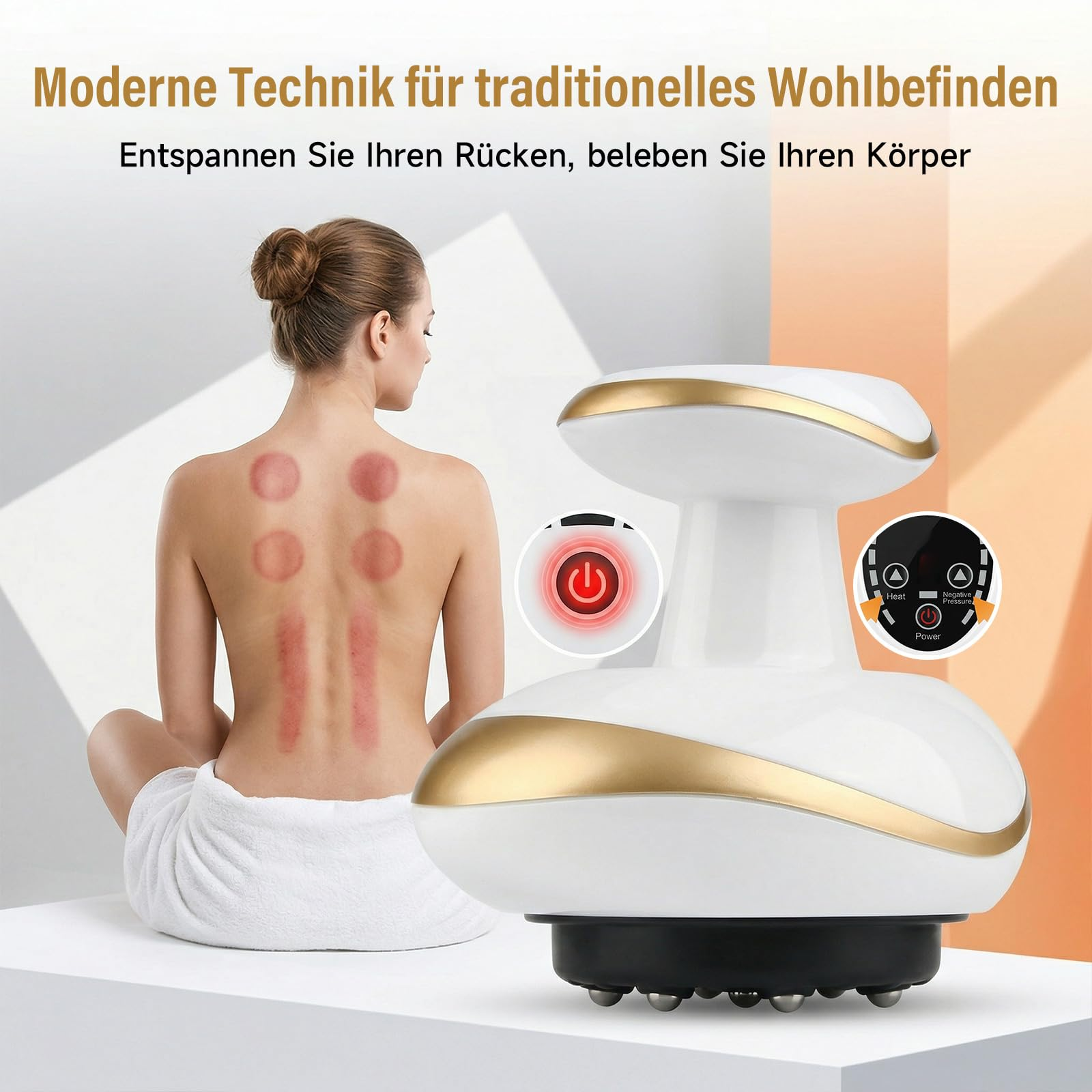 Frau mit Schröpfmalen am Rücken neben einem Massagegerät mit Bedienelementen.