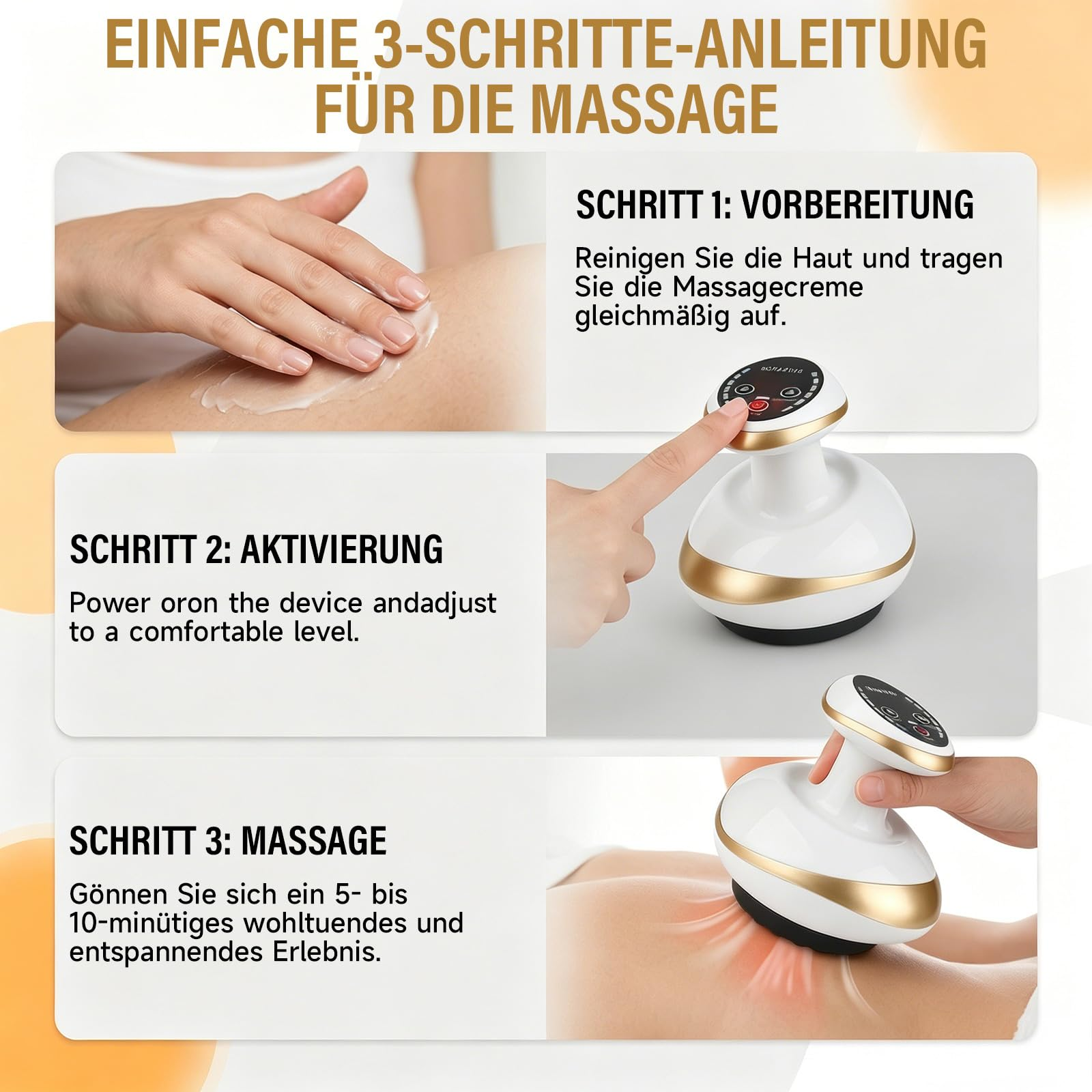 Schritt-für-Schritt-Anleitung für Massage: Auftragen von Creme, Einschalten des Geräts, Massage.