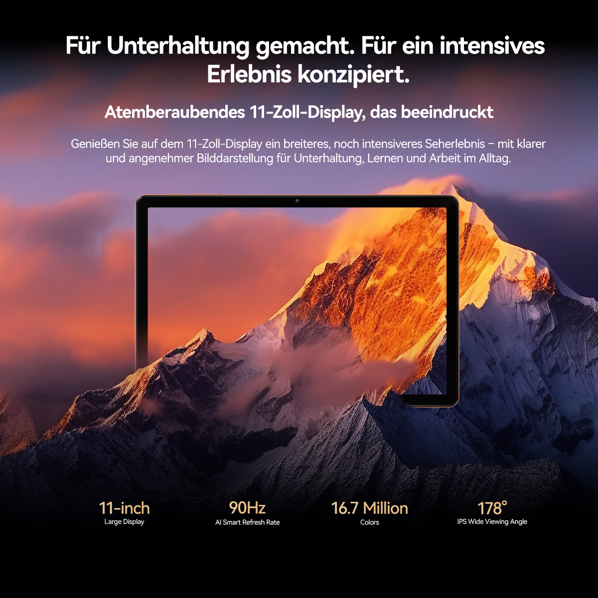 Ein 11-Zoll-Display mit Bergen und Himmel, das für Unterhaltung konzipiert ist.