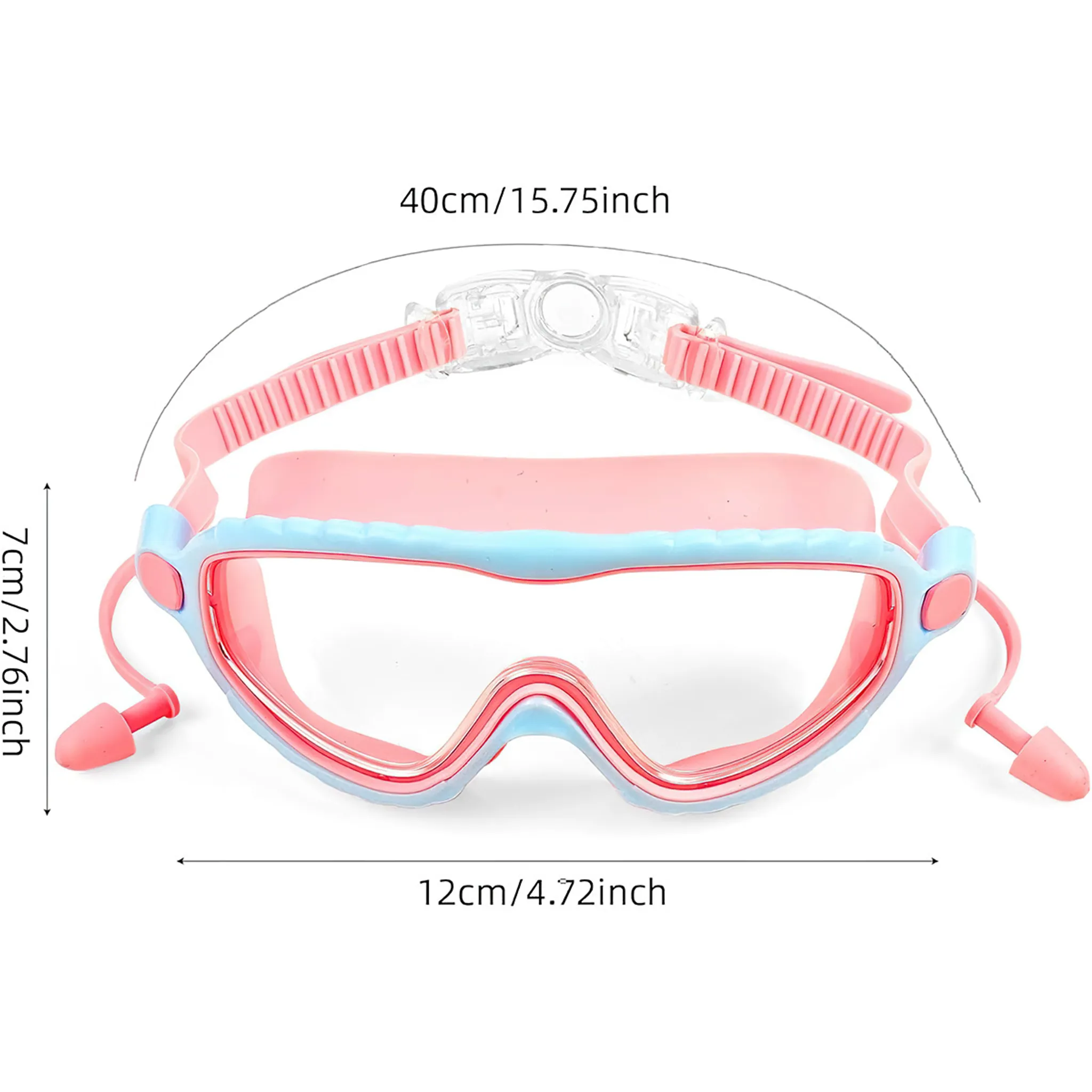 Rosa und blaue Schwimmbrille mit Ohrstöpseln. Maße angegeben.