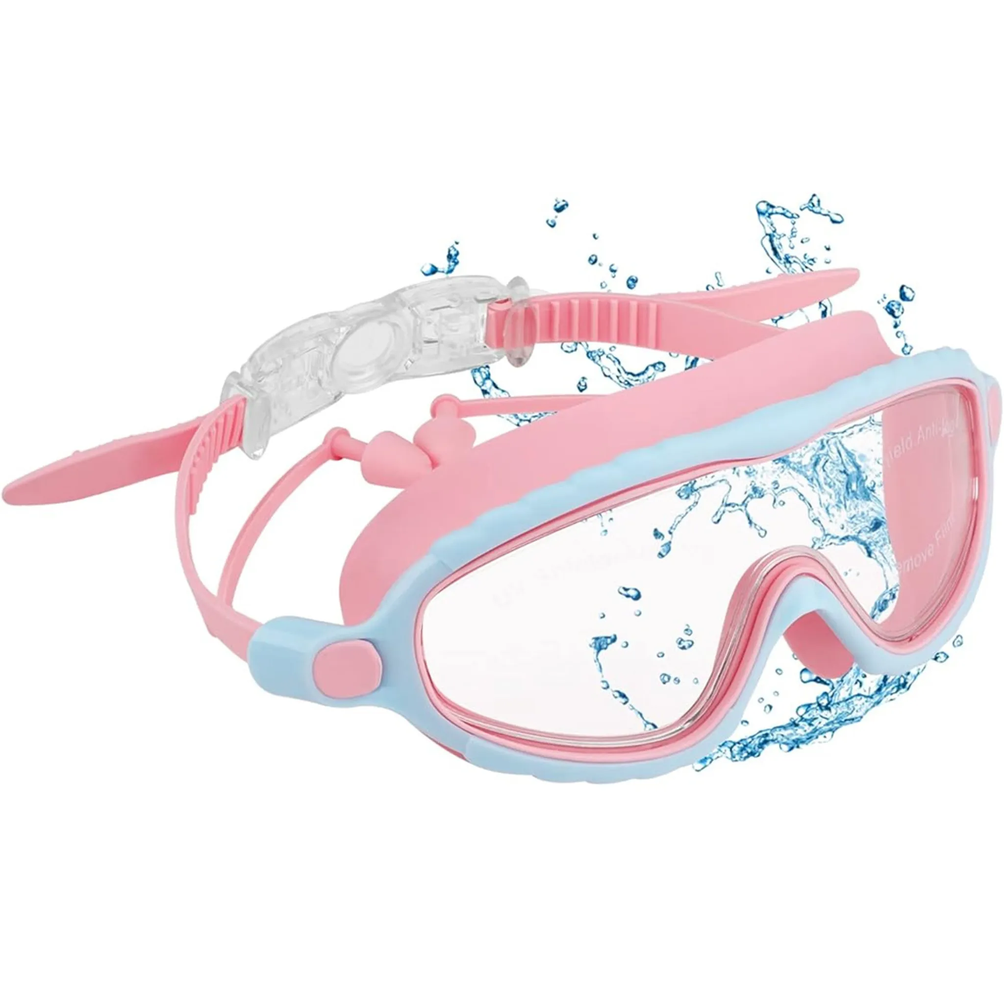 Rosa und hellblaue Schwimmbrille mit Wasser spritzt.