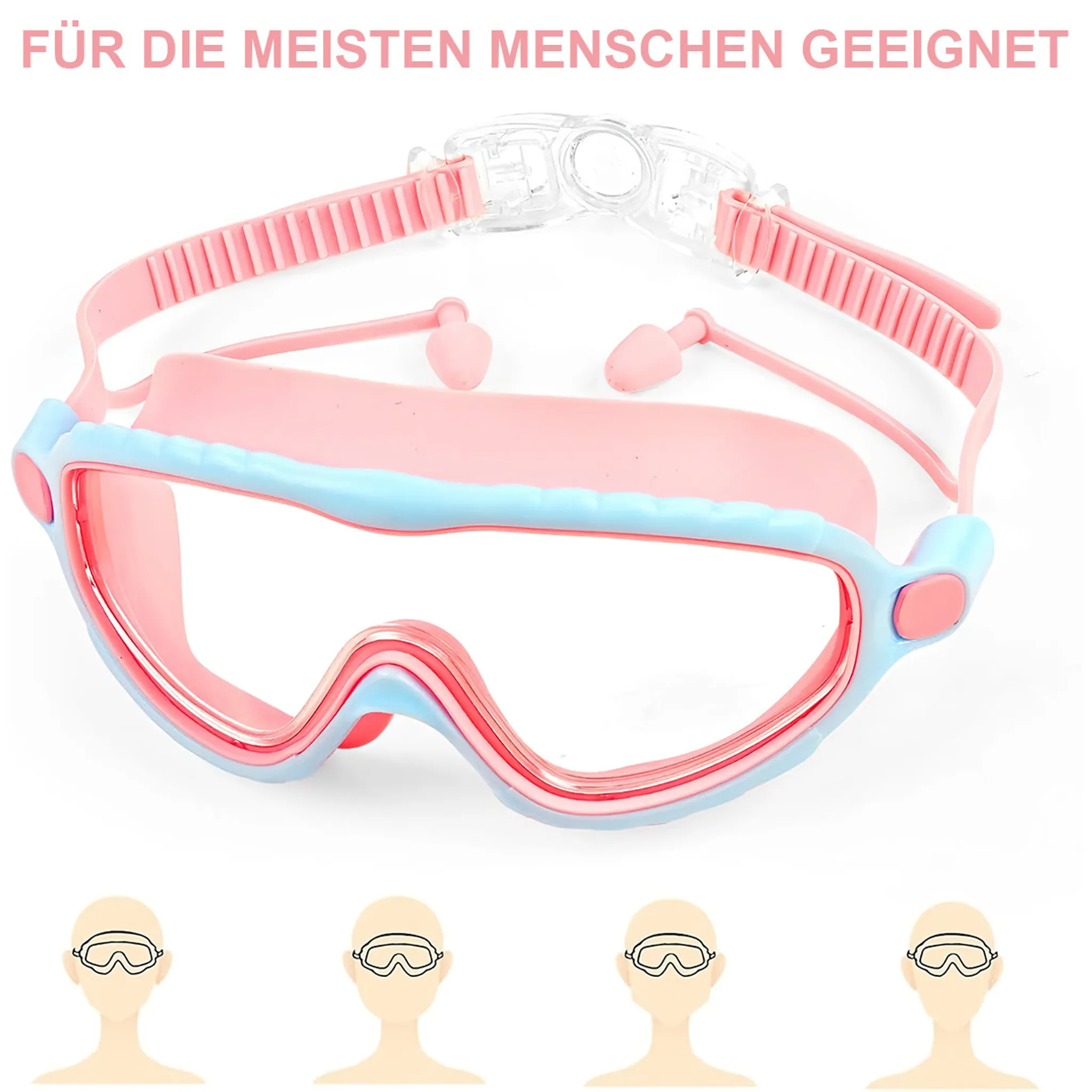 Eine rosafarbene und hellblaue Schwimmbrille mit verstellbarem Band. Vier Abbildungen zeigen die Passform.