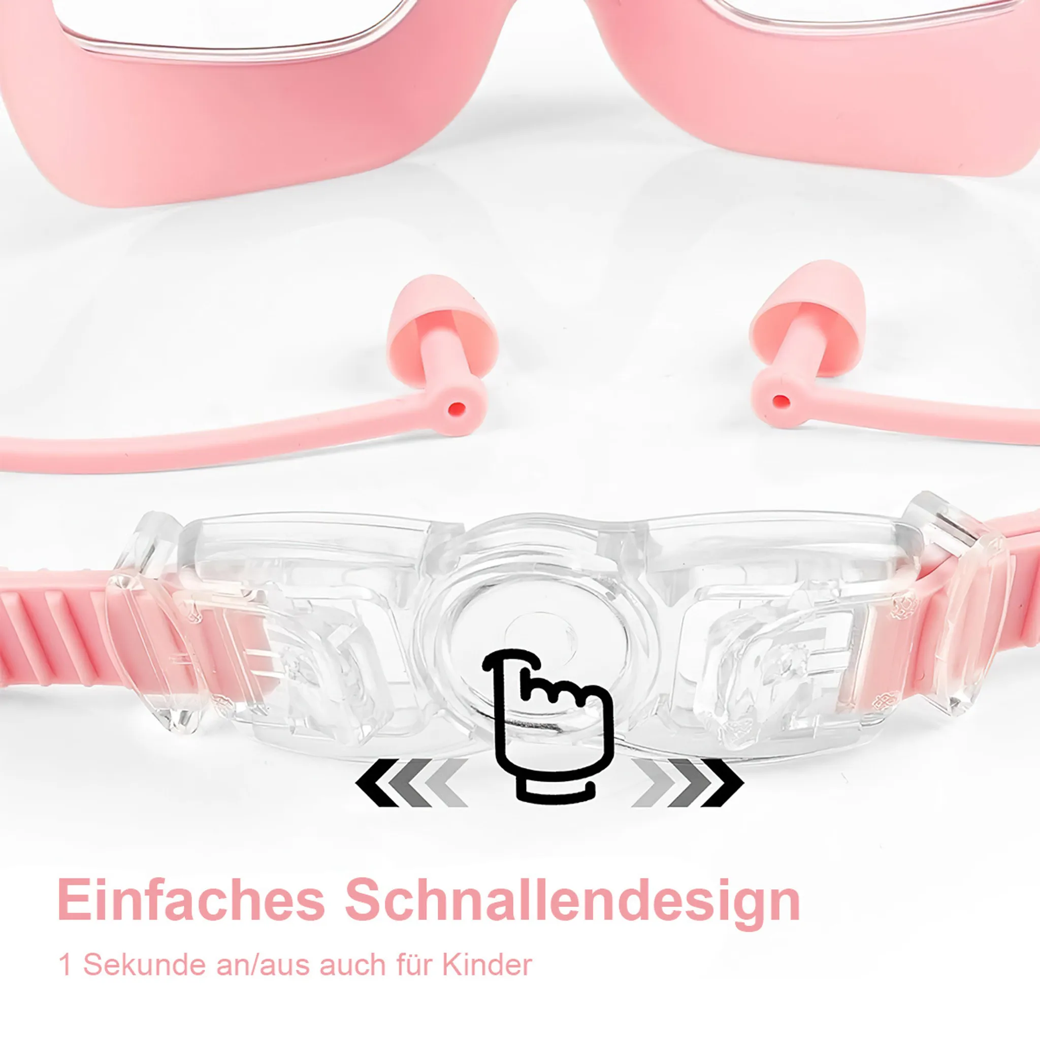Ein pinkes Brillenband mit Ohrstöpseln und Klickverschluss.