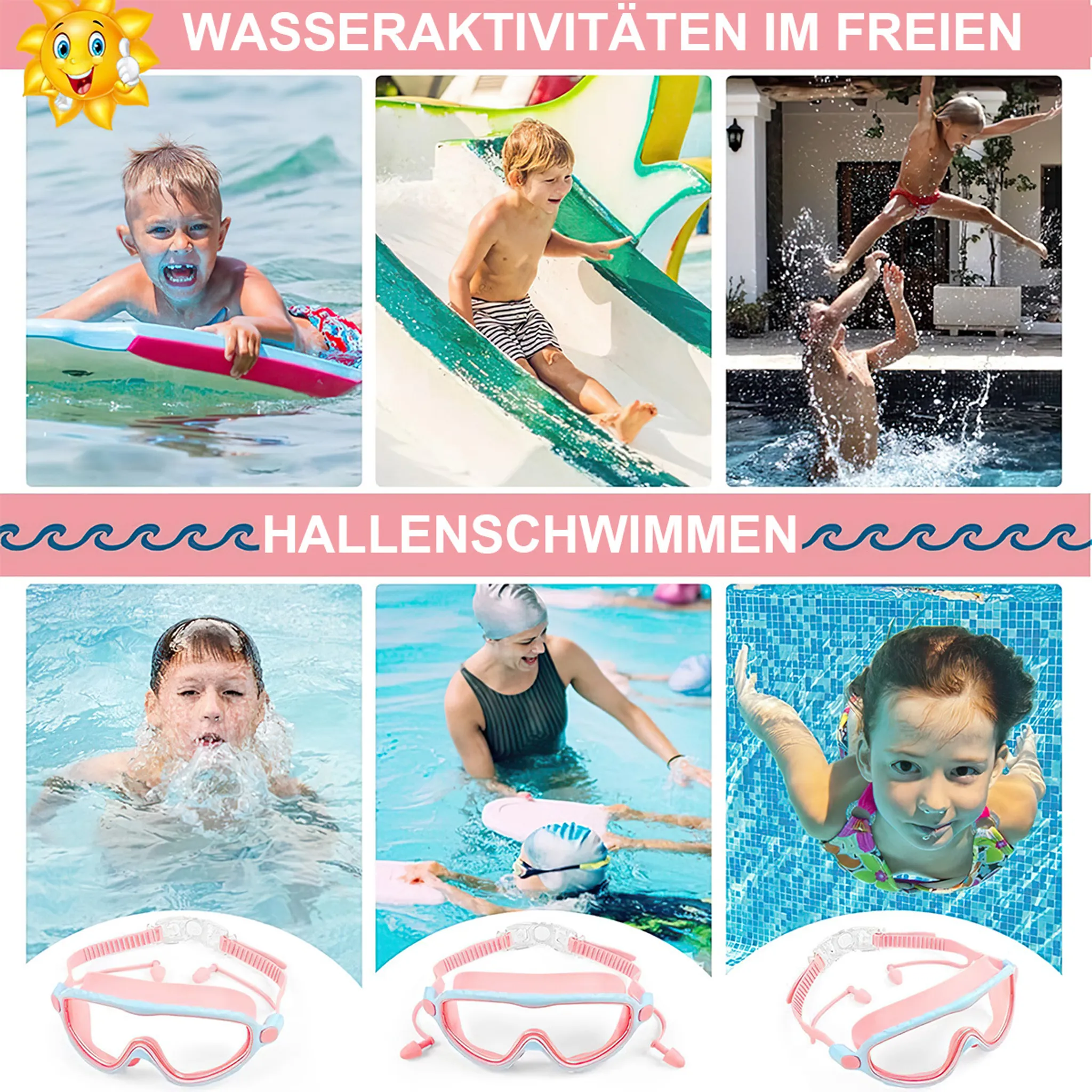 Kinder haben Spaß im Wasser: Surfen, Rutschen, Springen, Schwimmen.