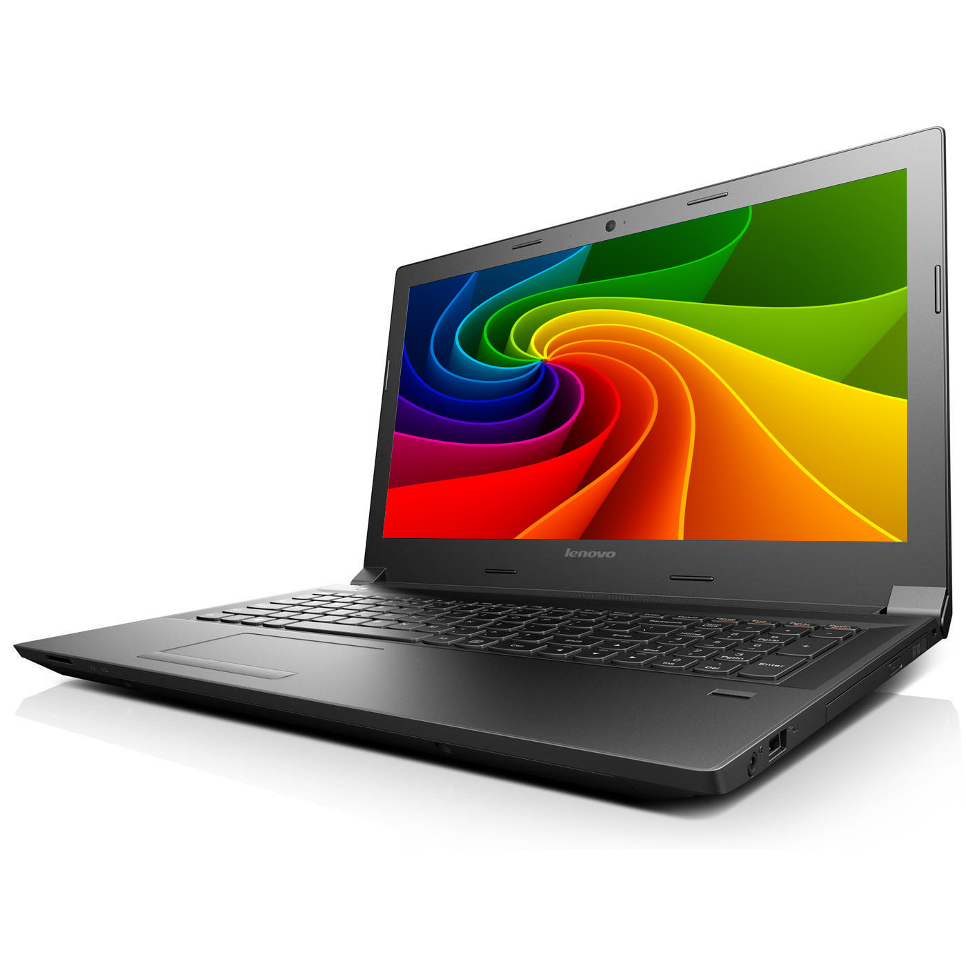 Ein geöffneter schwarzer Lenovo Laptop mit einem bunten, wirbelnden Muster auf dem Bildschirm.
