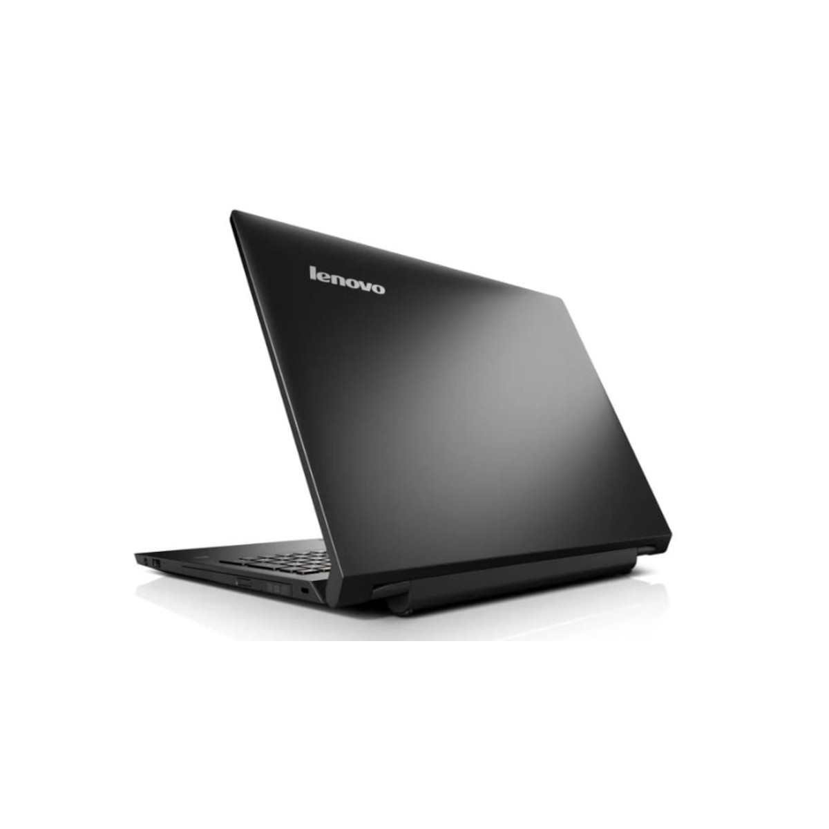 Ein geschlossenes schwarzes Lenovo-Laptop liegt auf einer weißen Fläche.