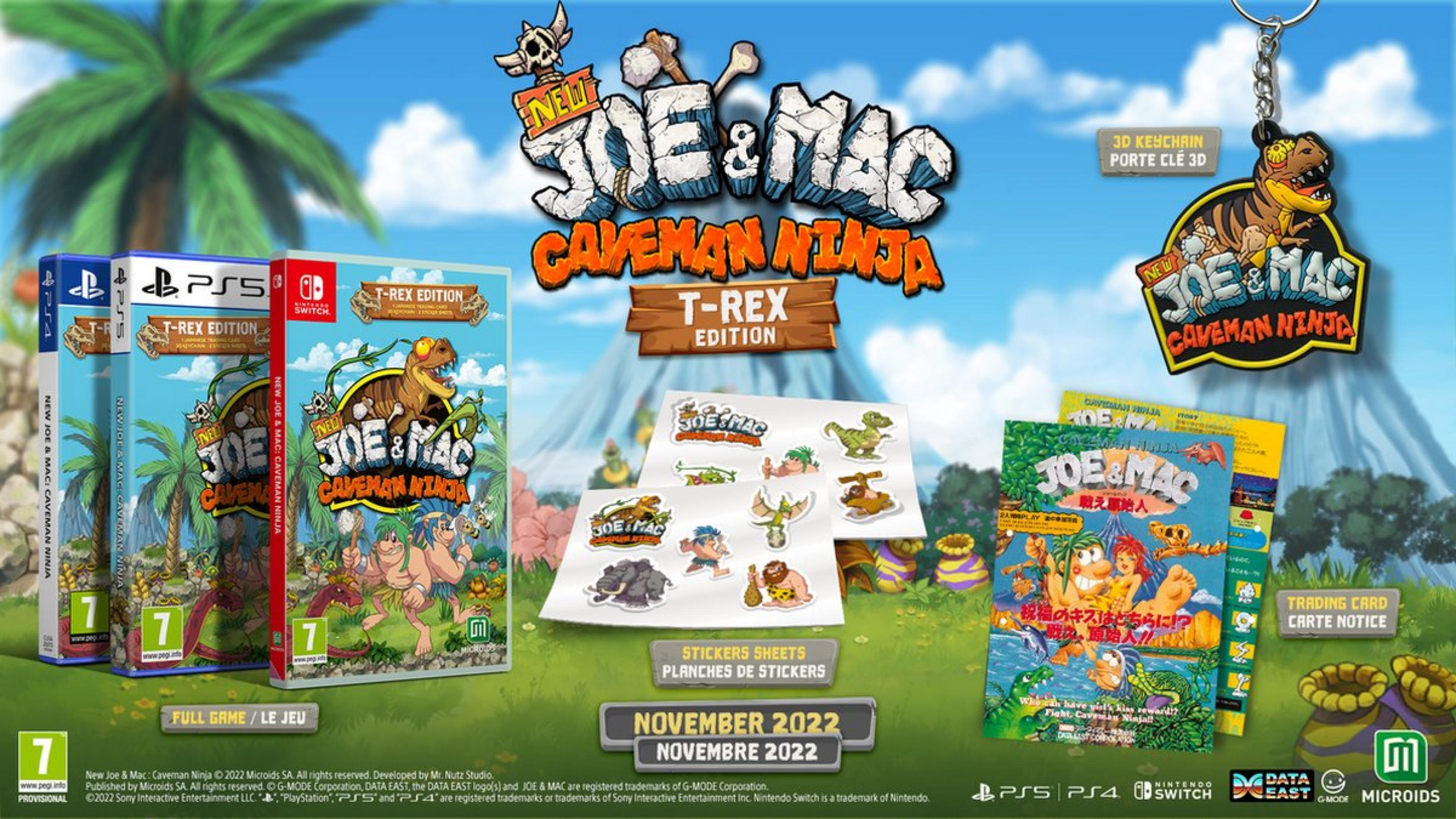 Werbung für das Spiel "New Joe & Mac: Caveman Ninja" mit Spielhüllen, Stickern, Schlüsselanhänger.