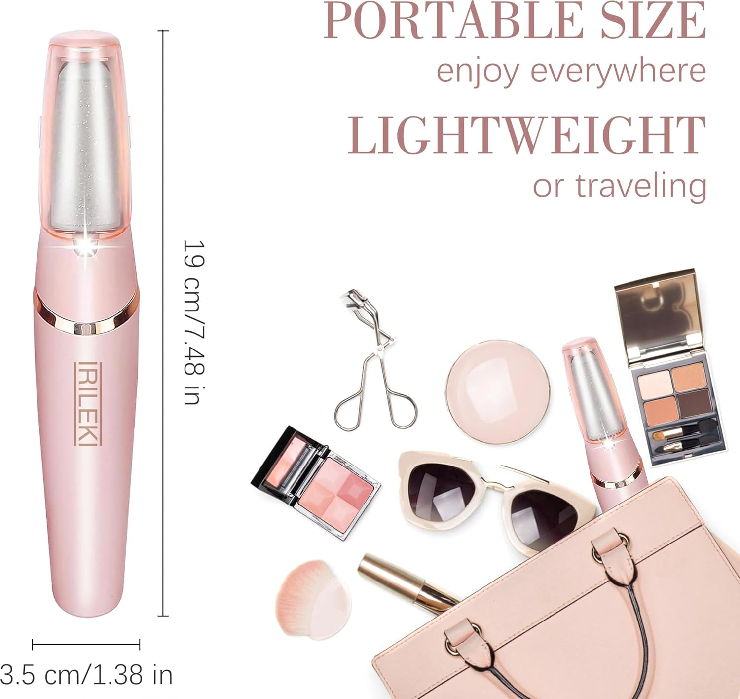 Ein rosa Reise-Make-up-Set mit Gesichtsrasierer, Sonnenbrille und Handtasche.