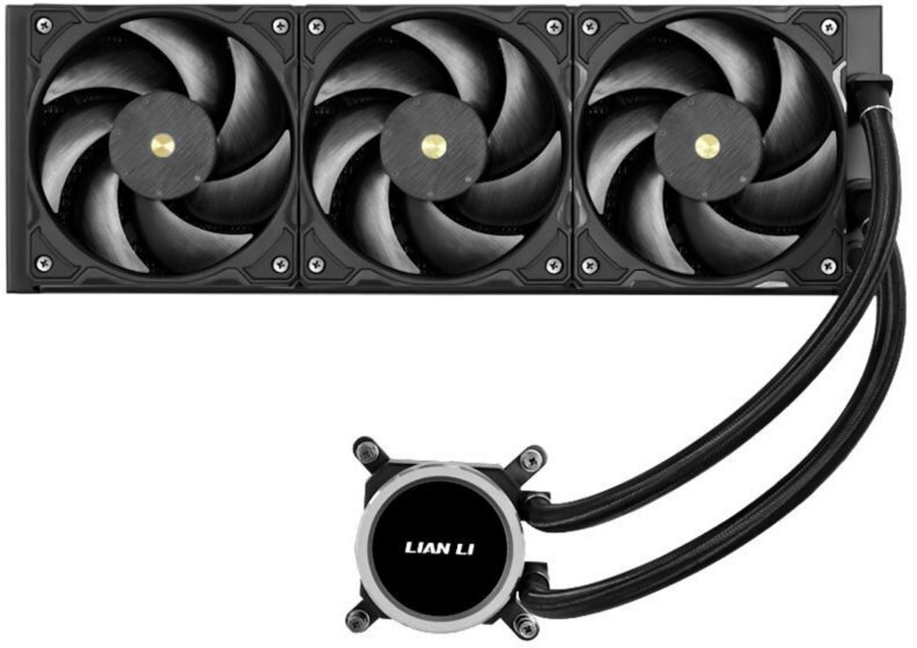 Ein schwarzer CPU-Kühler mit drei Lüftern und einer runden Pumpe mit Lian Li-Logo.
