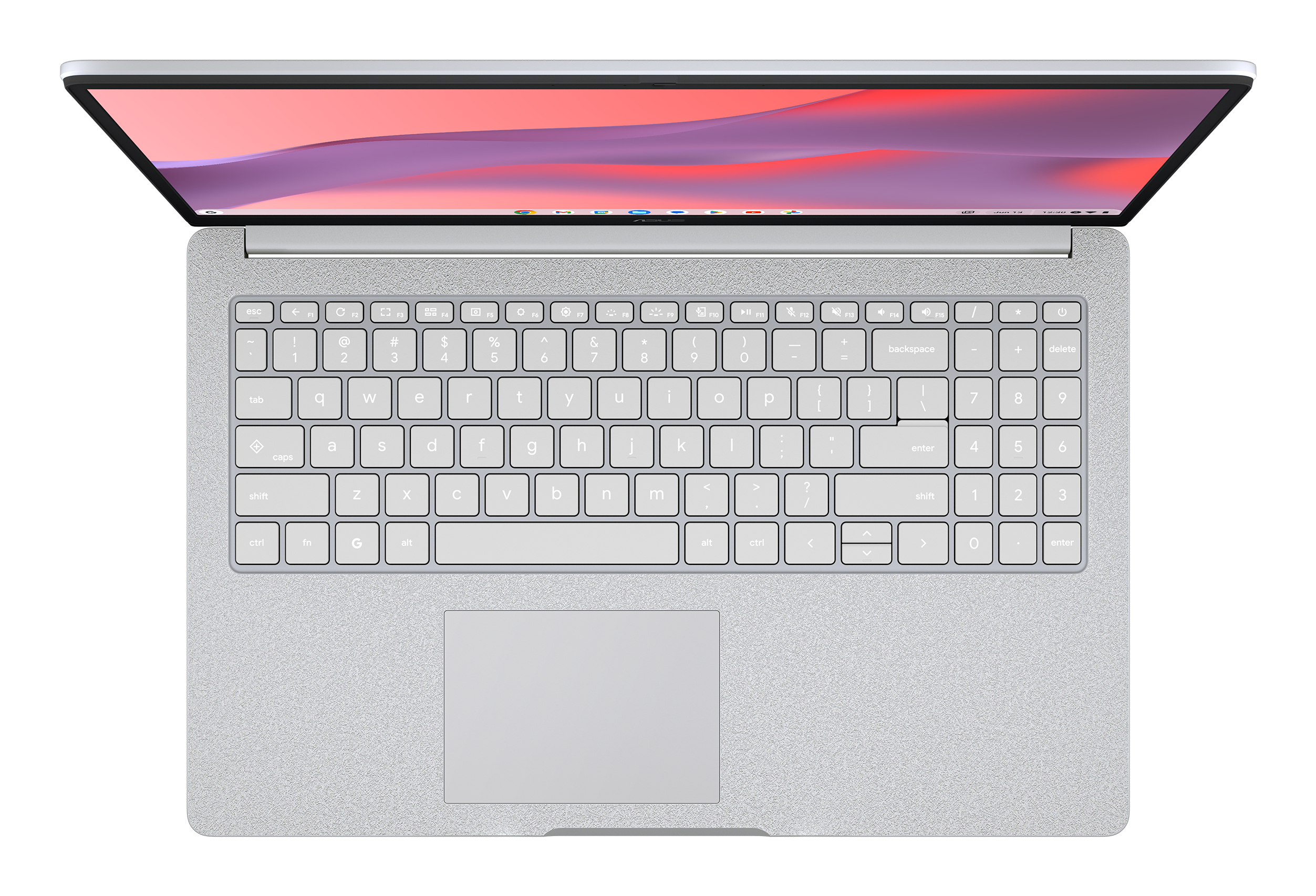 Een lichtgrijze laptop met geopende scherm, met een kleurrijke achtergrond.