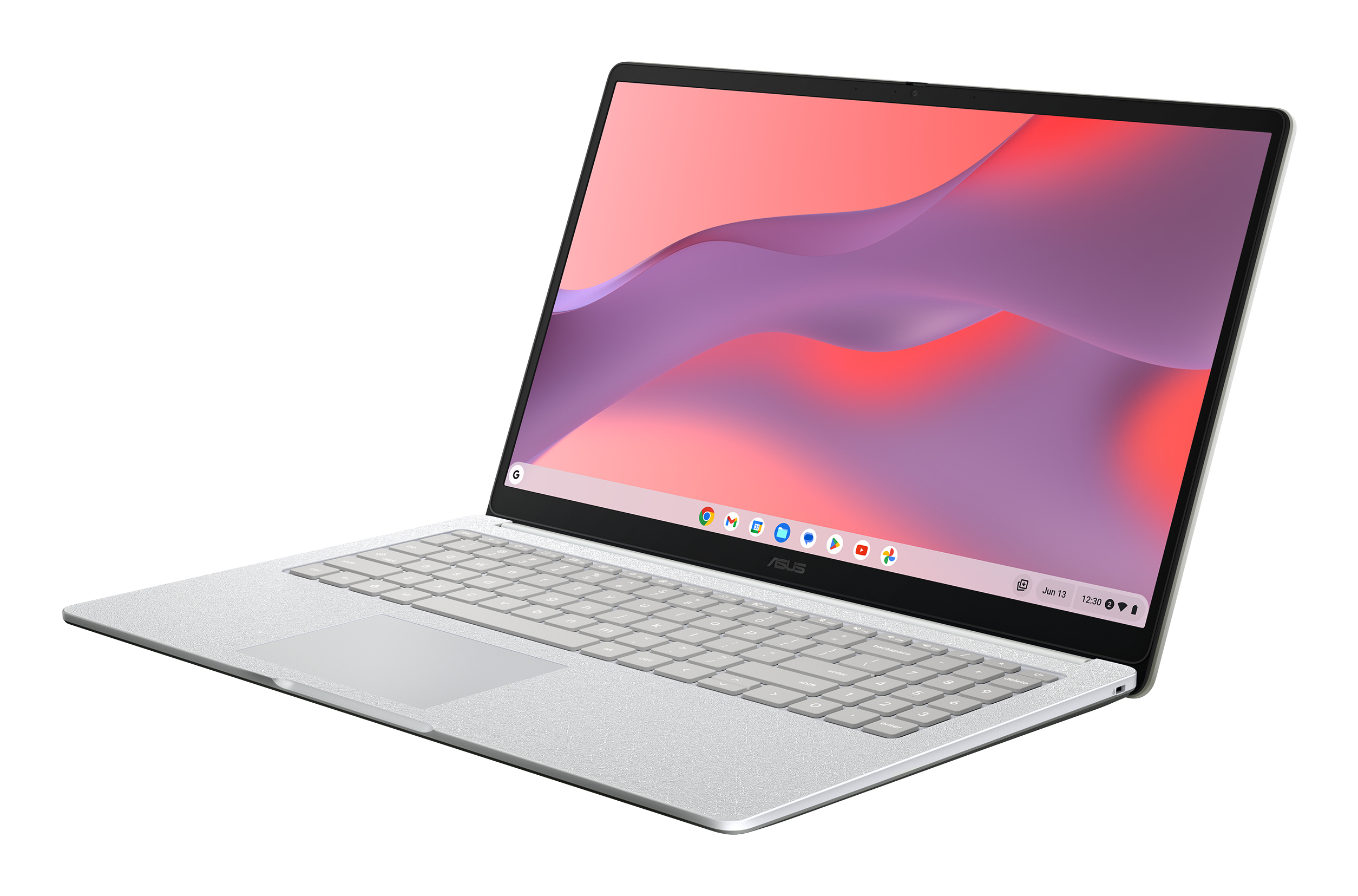 Een zilveren Asus laptop met een kleurrijke achtergrondafbeelding op het scherm.