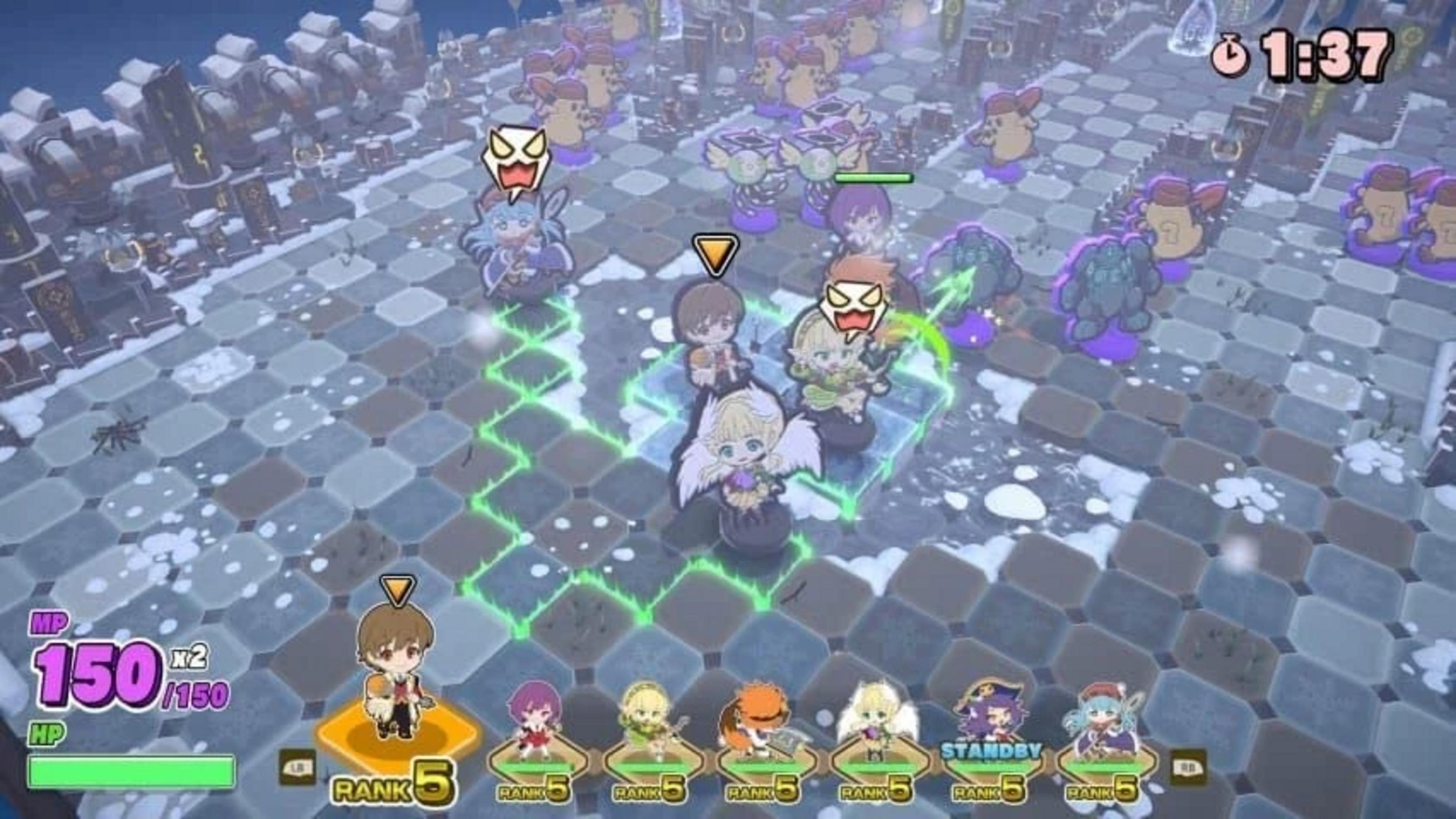 Personaggi anime combattono su un pavimento a scacchi innevato con effetti magici.