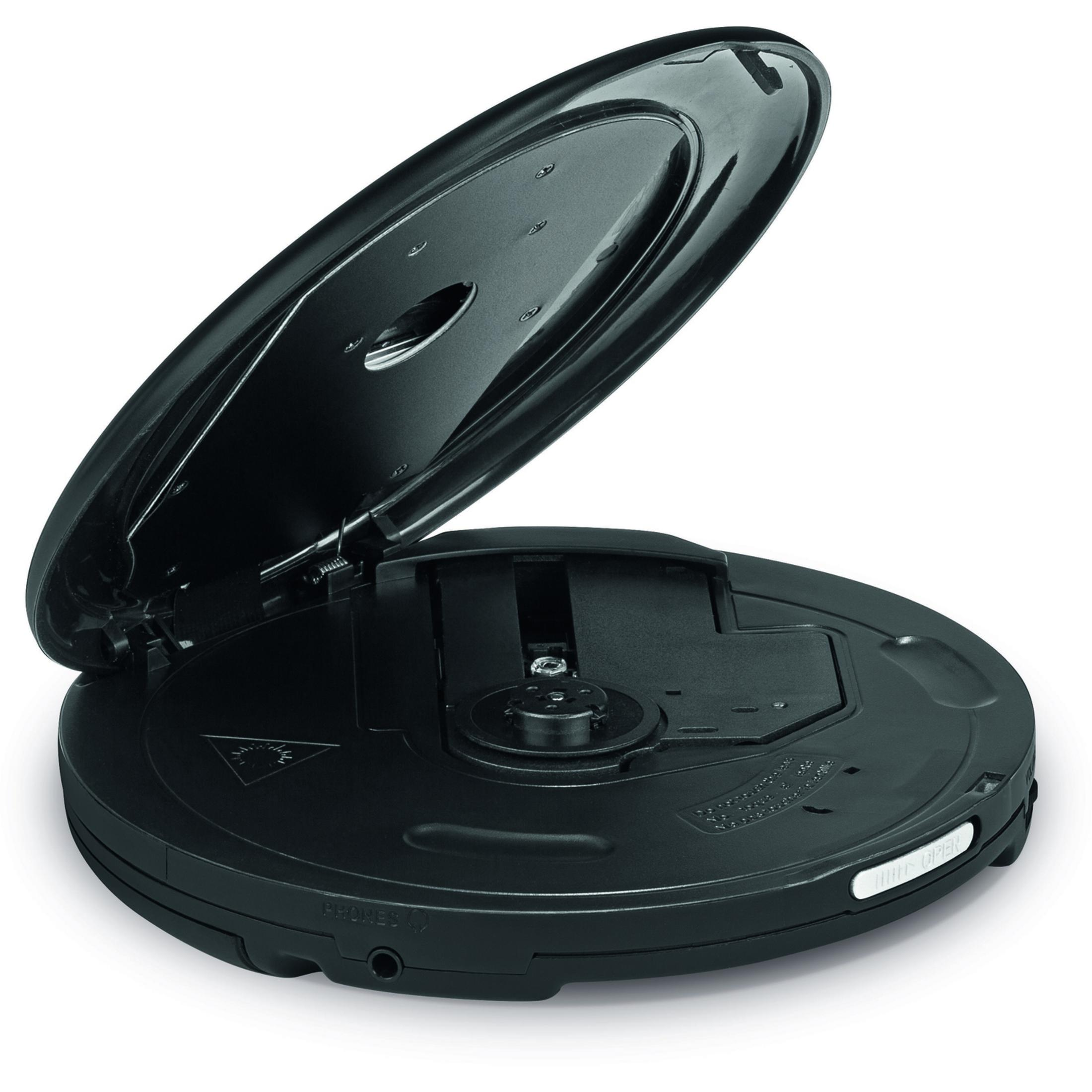 Schwarzer tragbarer CD-Player mit geöffnetem Deckel, der den CD-Mechanismus zeigt.