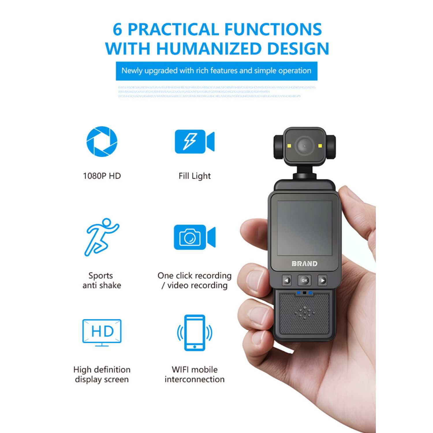 Eine Hand hält eine kleine schwarze Kamera mit 6 Funktionssymbolen: 1080P HD, Fülllicht, Sportschockschutz, Ein-Klick-Aufnahme, HD-Display, WiFi.