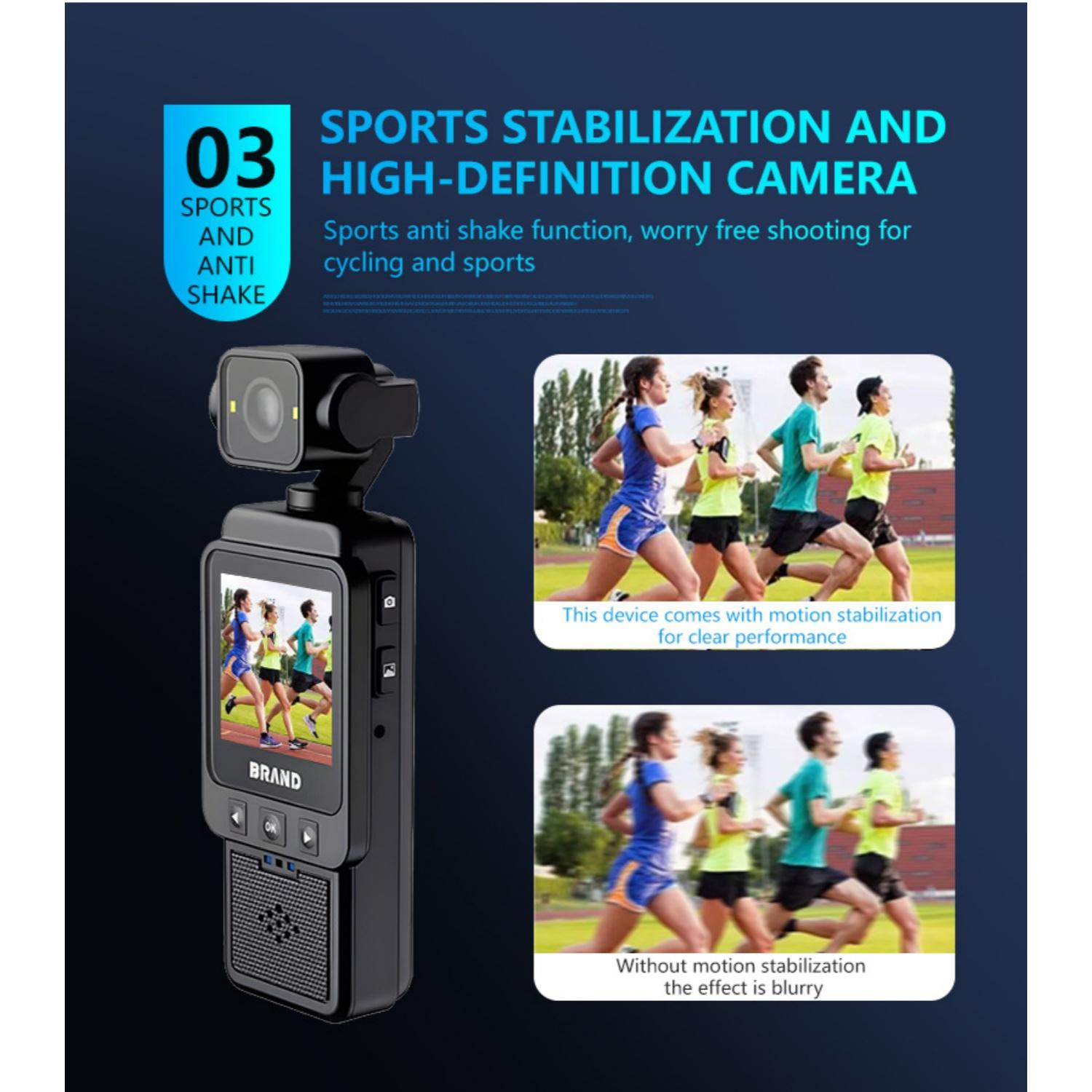 Kamera mit Sportstabilisierung und HD-Funktion, zeigt Läufer mit und ohne Stabilisierung.