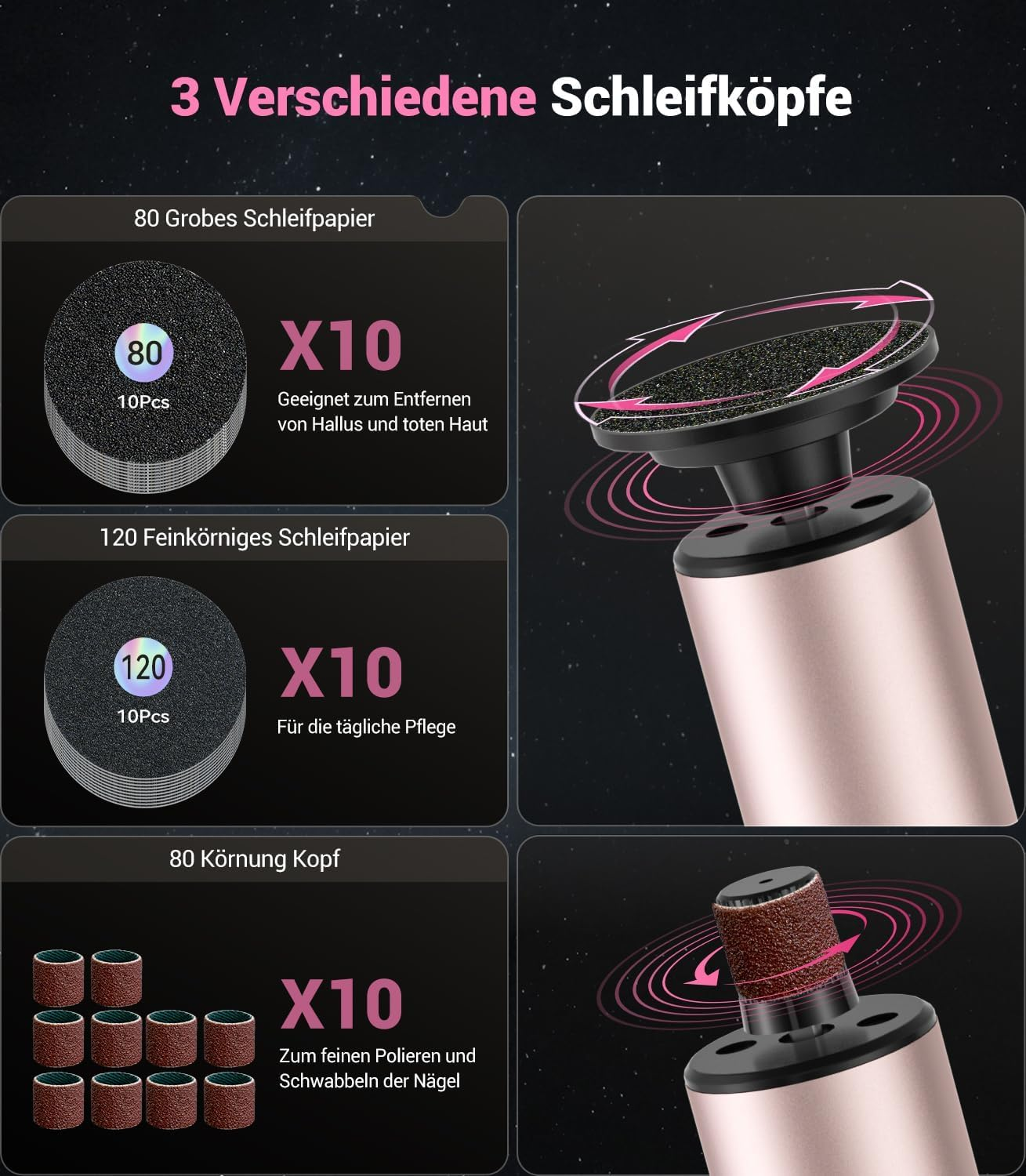 3 Arten von Schleifköpfen: grob, fein und polierend für Nägel.