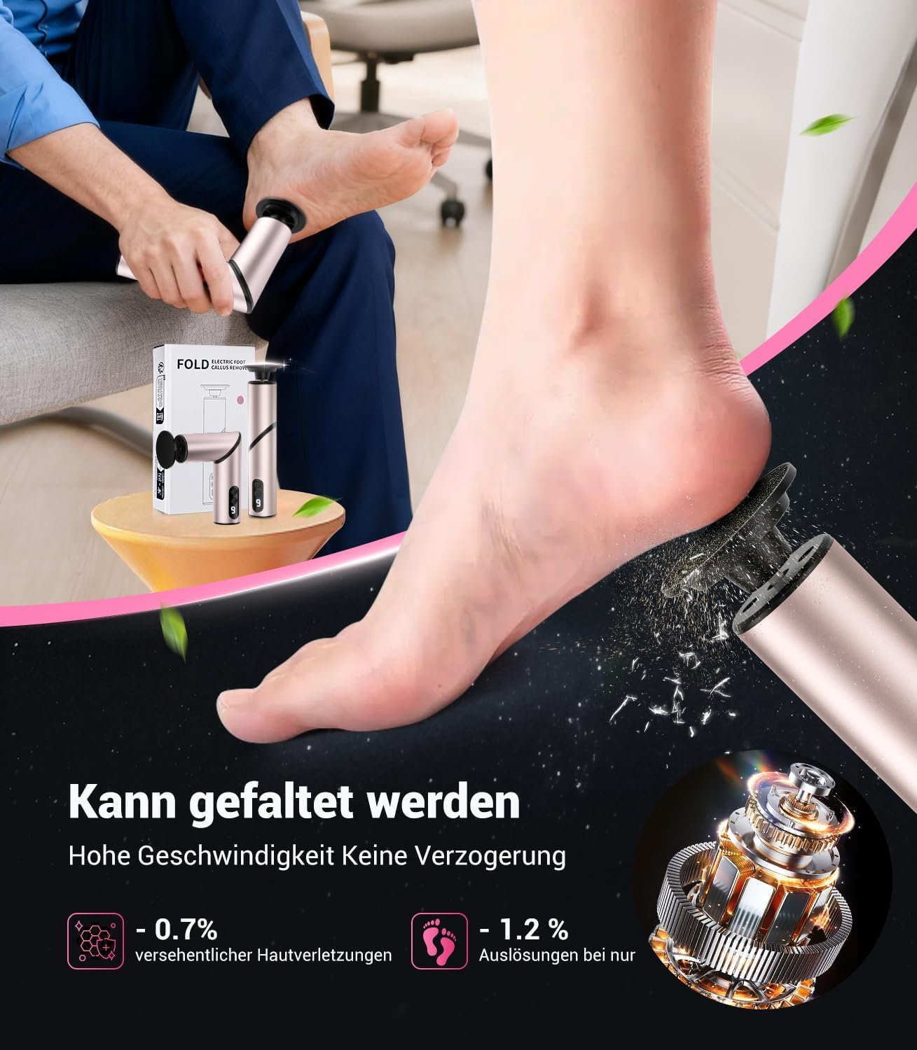 Ein Mann benutzt einen elektrischen Hornhautentferner am Fuß. Ein Nahaufnahme zeigt das Gerät.