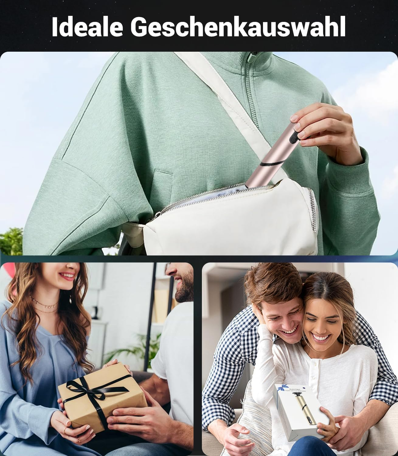 Eine Person verstaut einen silbernen Trimmer in einer weißen Tasche. Unten: Ein Paar schenkt sich Geschenke.
