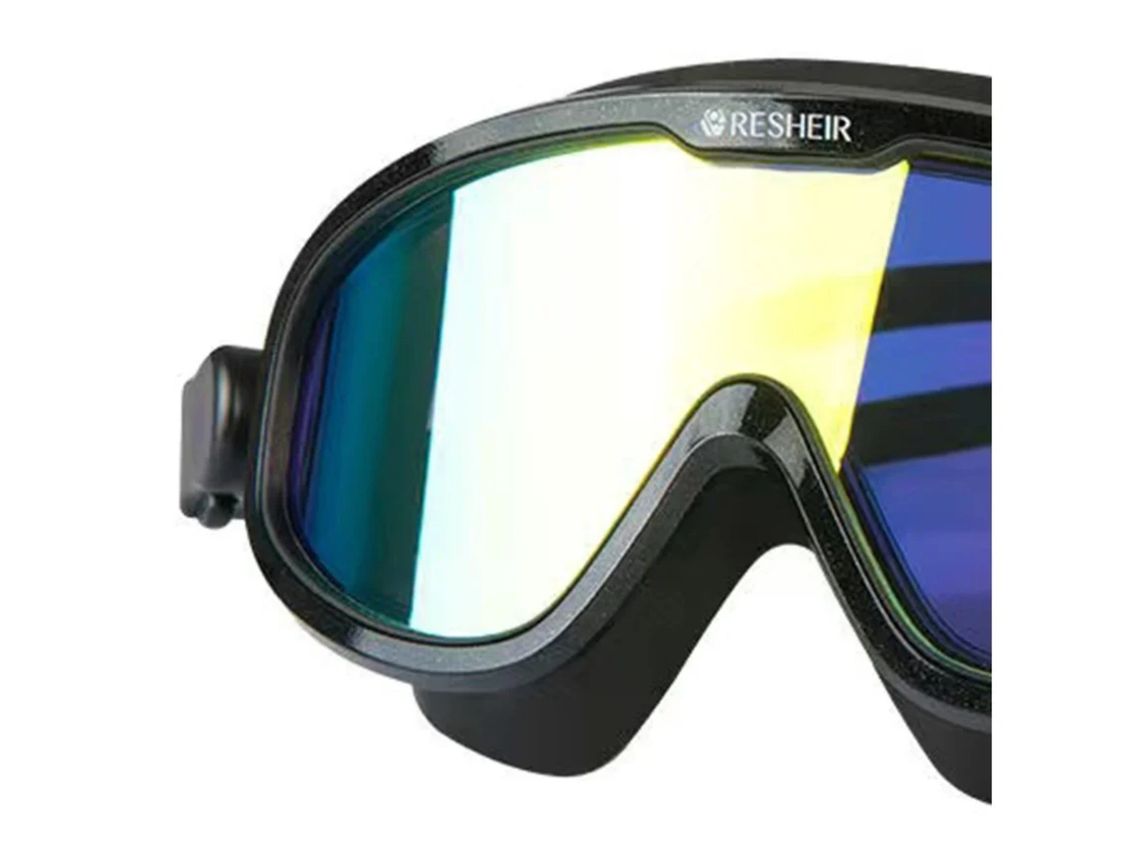 Schwarze Skibrille mit reflektierenden Gläsern in Gelb- und Blautönen.
