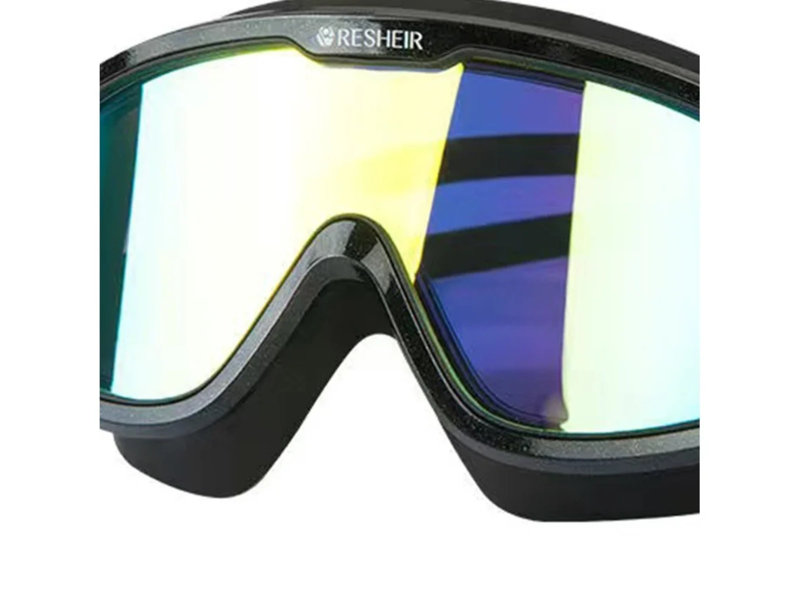 Schwarze Skibrille mit verspiegelten, bunten Gläsern und der Aufschrift RESHEIR.