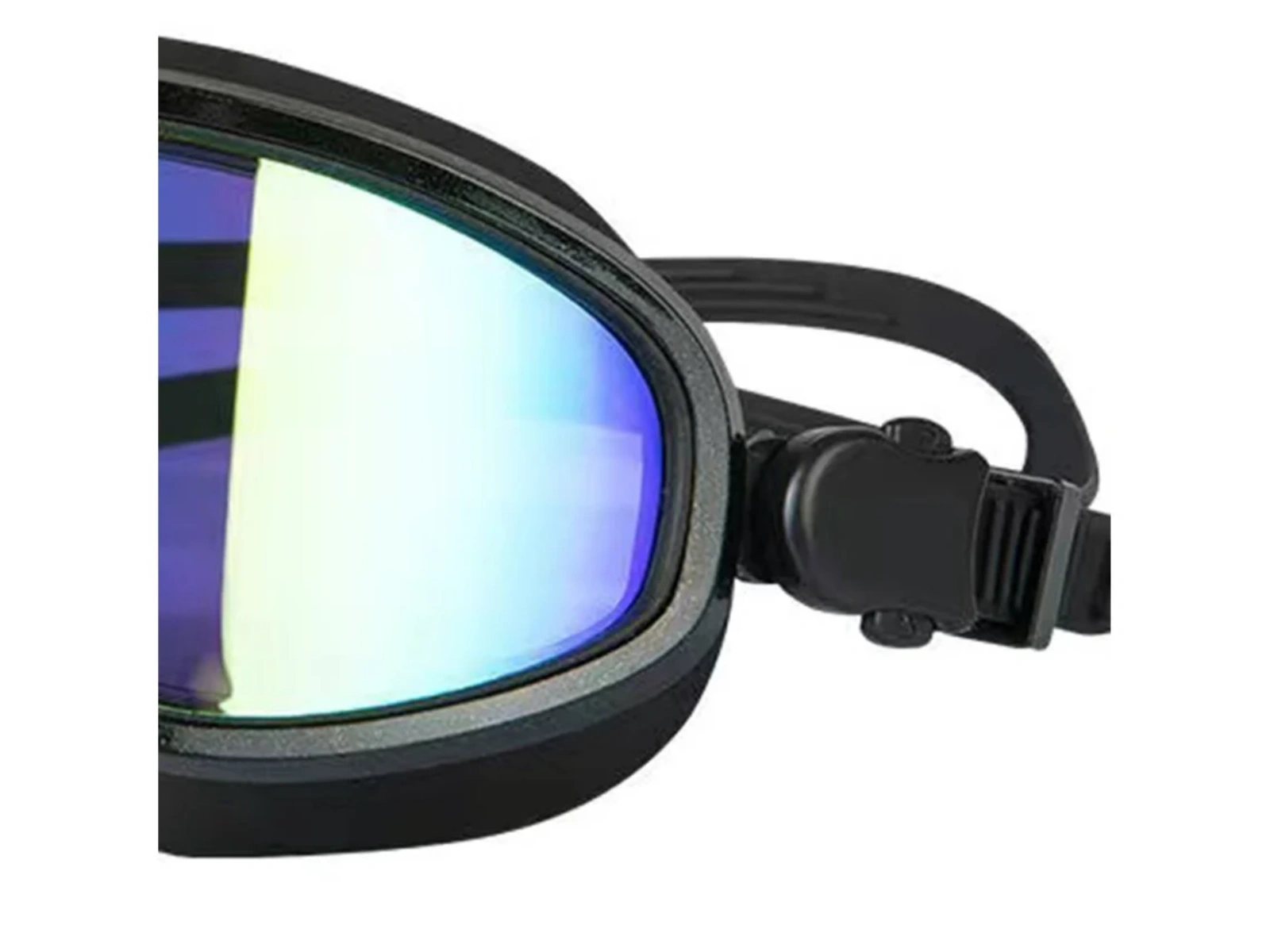 Schwarze Schwimmbrille mit blau-grünen verspiegelten Gläsern und verstellbarem Band.
