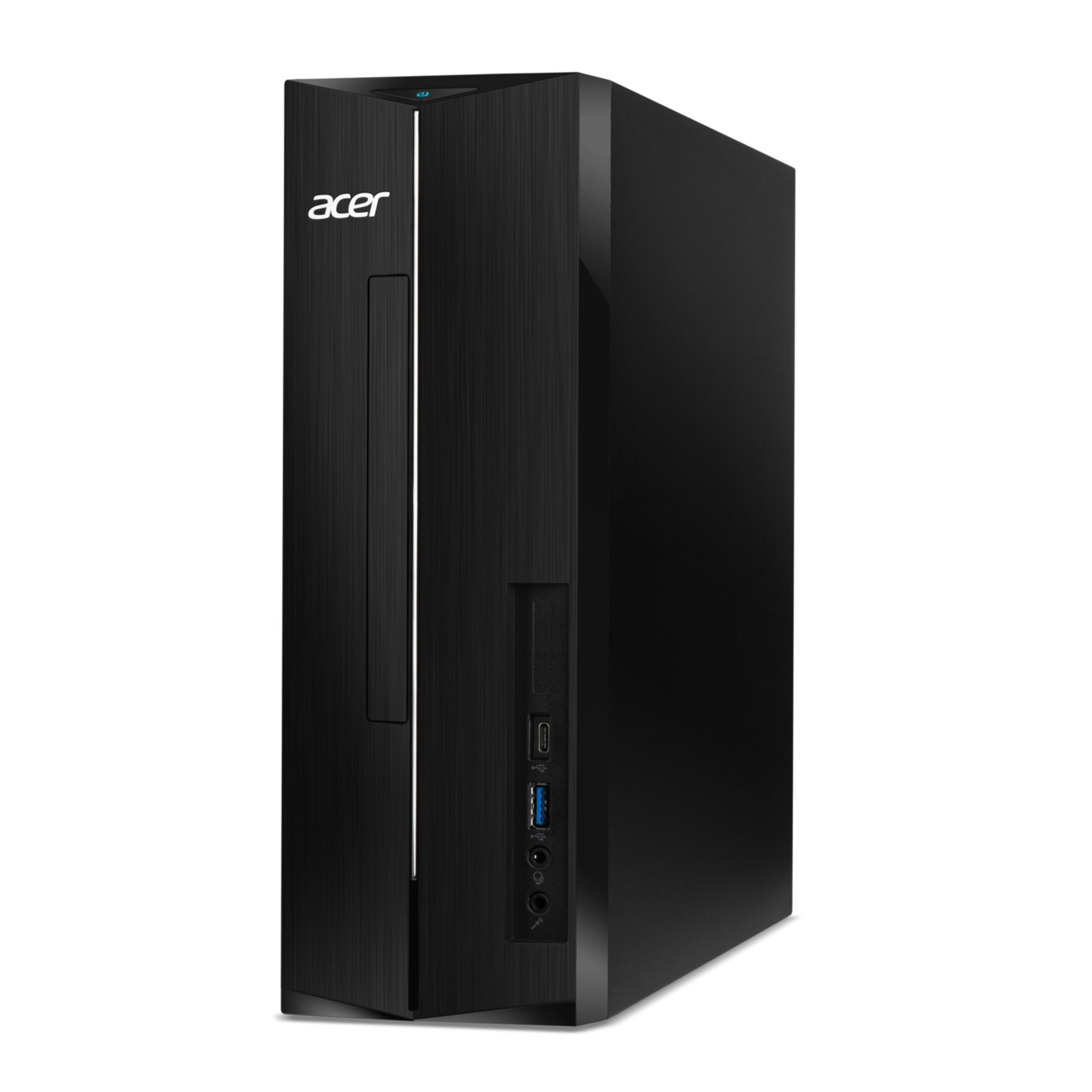 Black Acer PC tower with brushed metal finish and ports on the front.